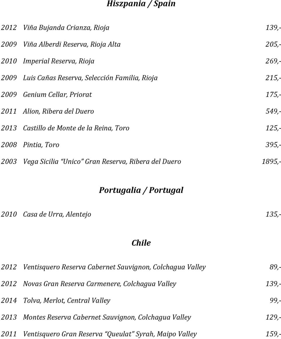 Ribera del Duero 1895,- Portugalia / Portugal 2010 Casa de Urra, Alentejo 135,- Chile 2012 Ventisquero Reserva Cabernet Sauvignon, Colchagua Valley 89,- 2012 Novas Gran Reserva