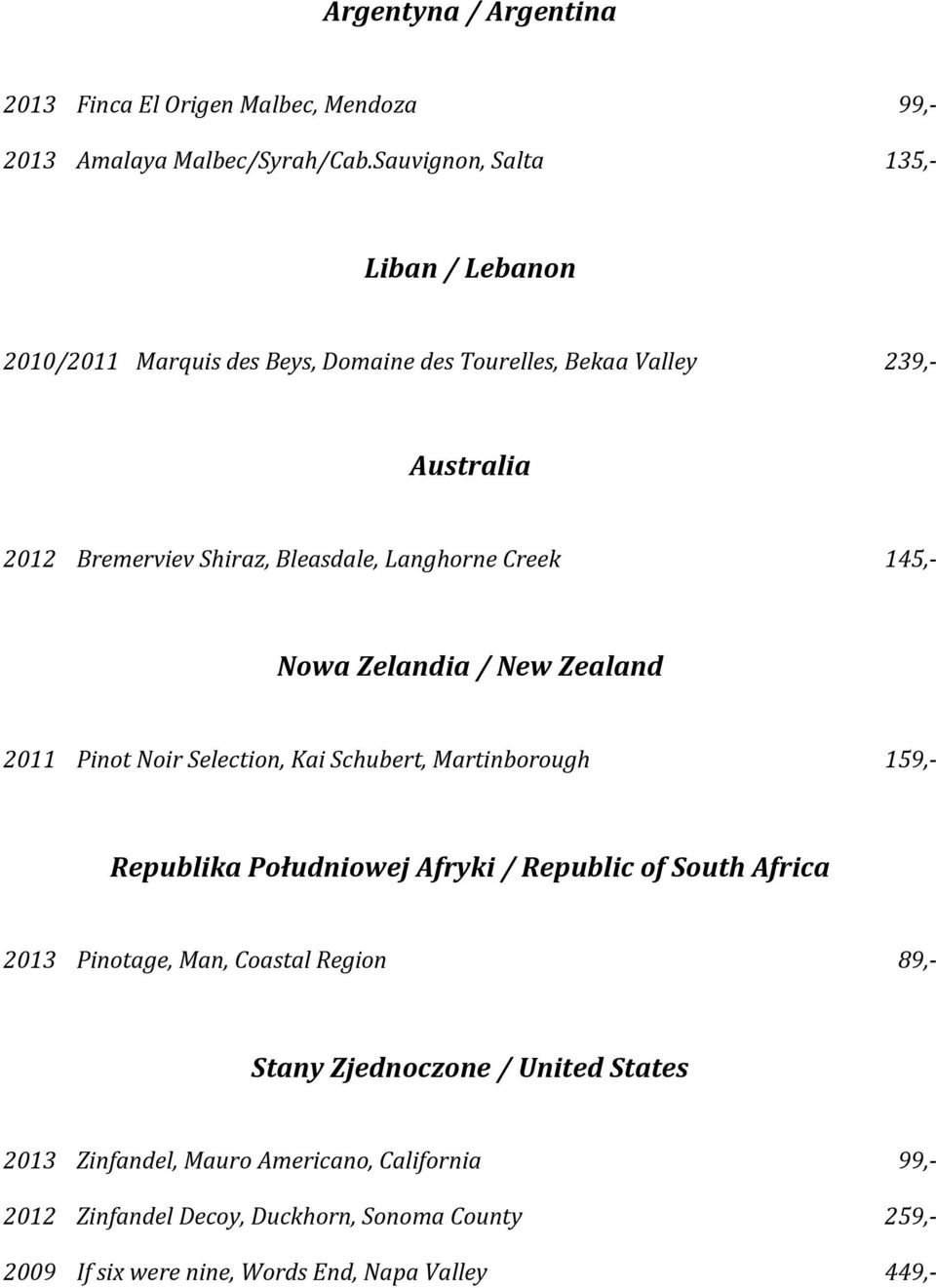 Langhorne Creek 145,- Nowa Zelandia / New Zealand 2011 Pinot Noir Selection, Kai Schubert, Martinborough 159,- Republika Południowej Afryki / Republic of South