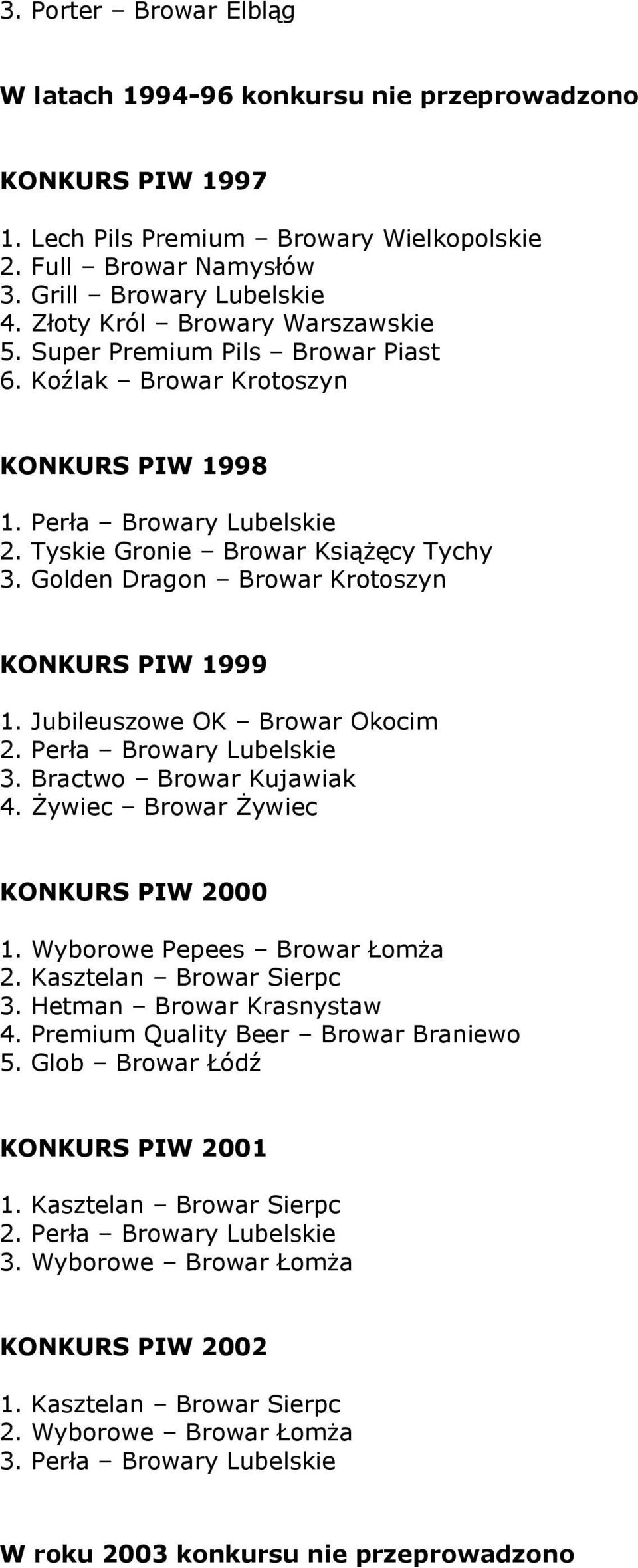 Jubileuszowe OK Browar Okocim. Perła Browary Lubelskie. Bractwo Browar Kujawiak. Żywiec Browar Żywiec KONKURS PIW 000. Wyborowe Pepees Browar Łomża. Kasztelan Browar Sierpc. Hetman Browar Krasnystaw.