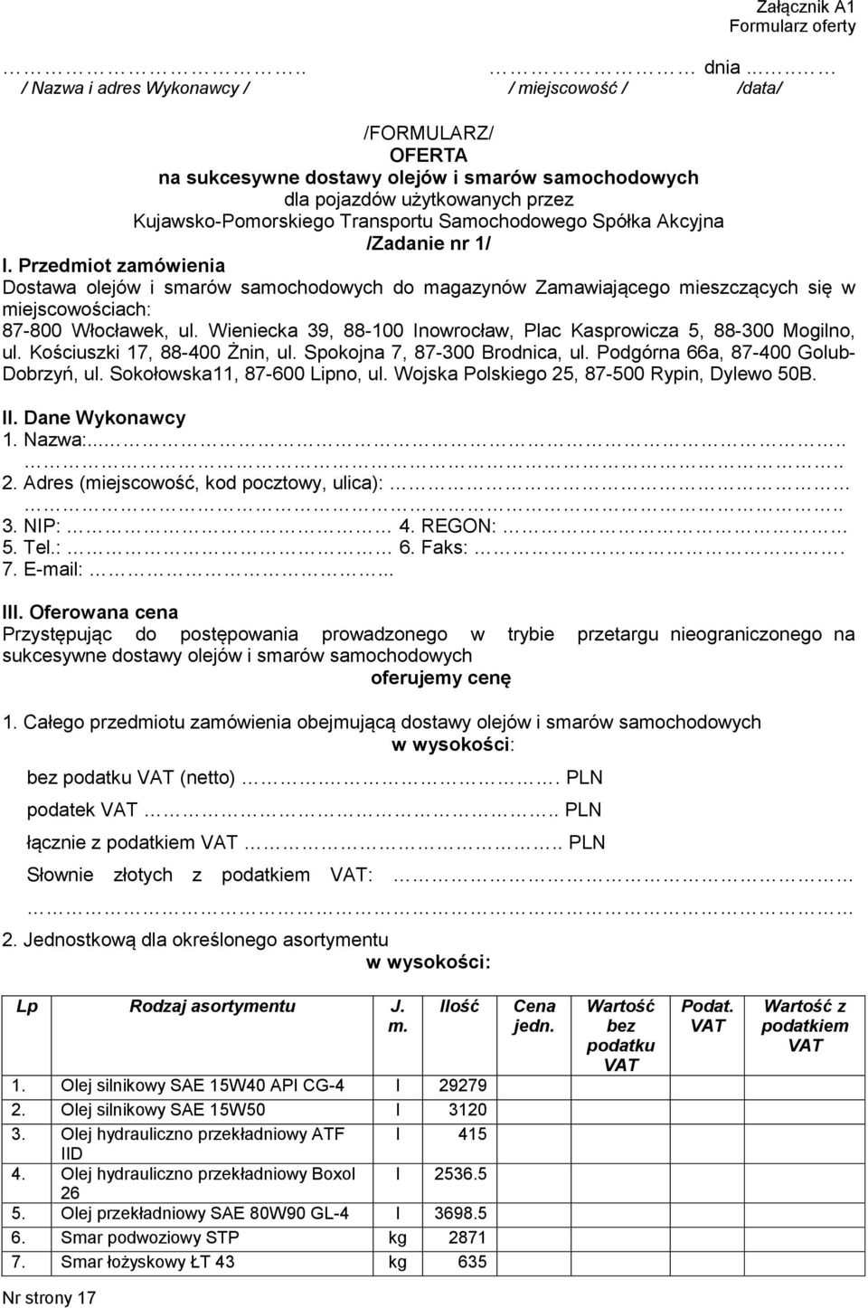 Samochodowego Spółka Akcyjna /Zadanie nr 1/ I. Przedmiot zamówienia Dostawa olejów i smarów samochodowych do magazynów Zamawiającego mieszczących się w miejscowościach: 87-800 Włocławek, ul.