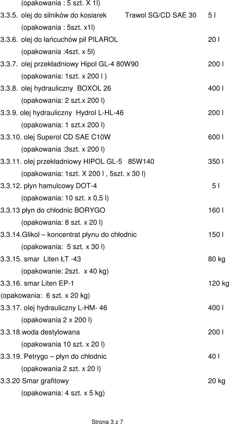 x 200 l) 3.3.10. olej Superol CD SAE C10W 600 l (opakowania :3szt. x 200 l) 3.3.11. olej przekładniowy HIPOL GL-5 85W140 350 l (opakowania: 1szt. X 200 l, 5szt. x 30 l) 3.3.12.