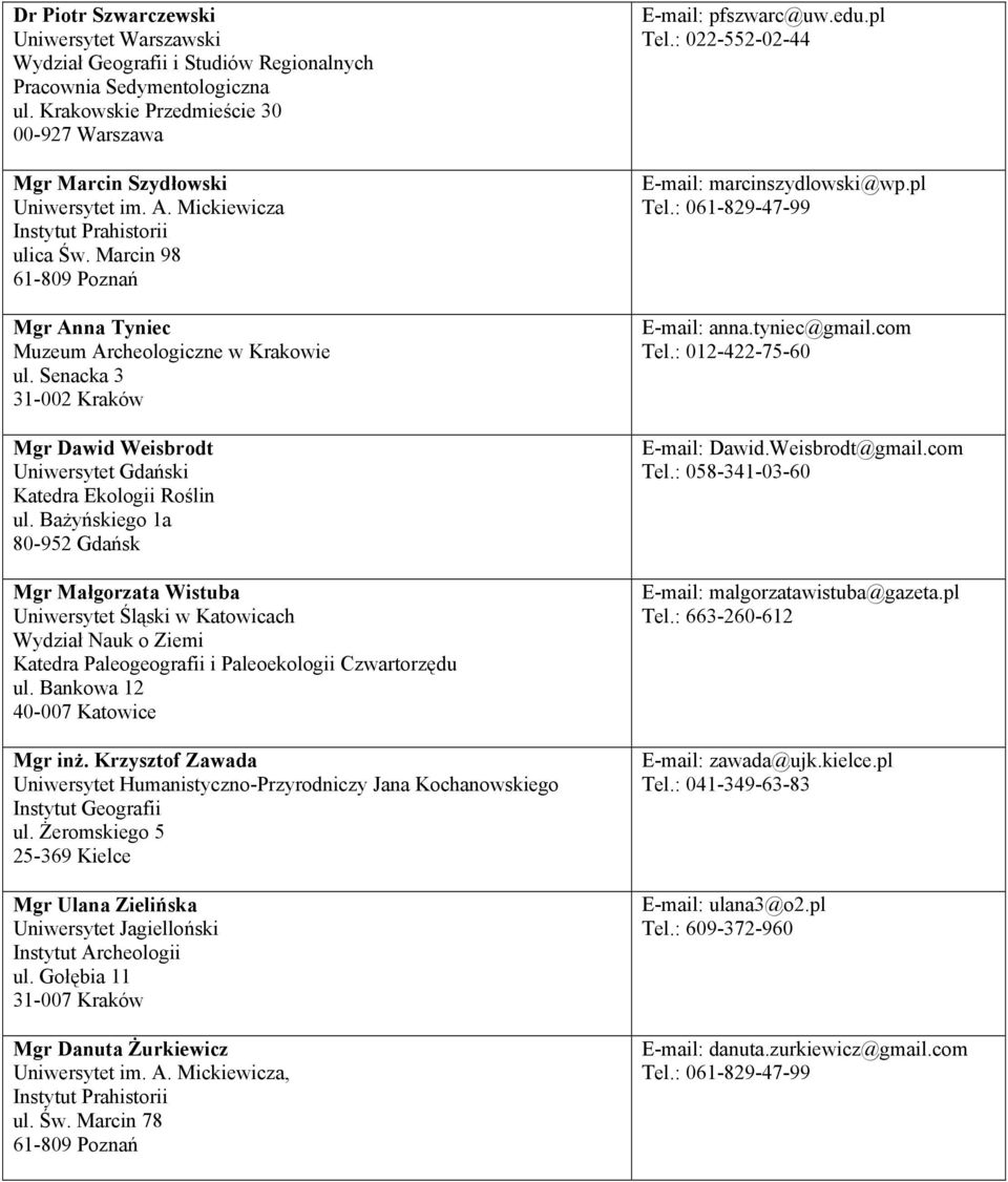 Bażyńskiego 1a 80-952 Gdańsk Mgr Małgorzata Wistuba Uniwersytet Śląski w Katowicach Wydział Nauk o Ziemi Katedra Paleogeografii i Paleoekologii Czwartorzędu ul. Bankowa 12 40-007 Katowice Mgr inż.