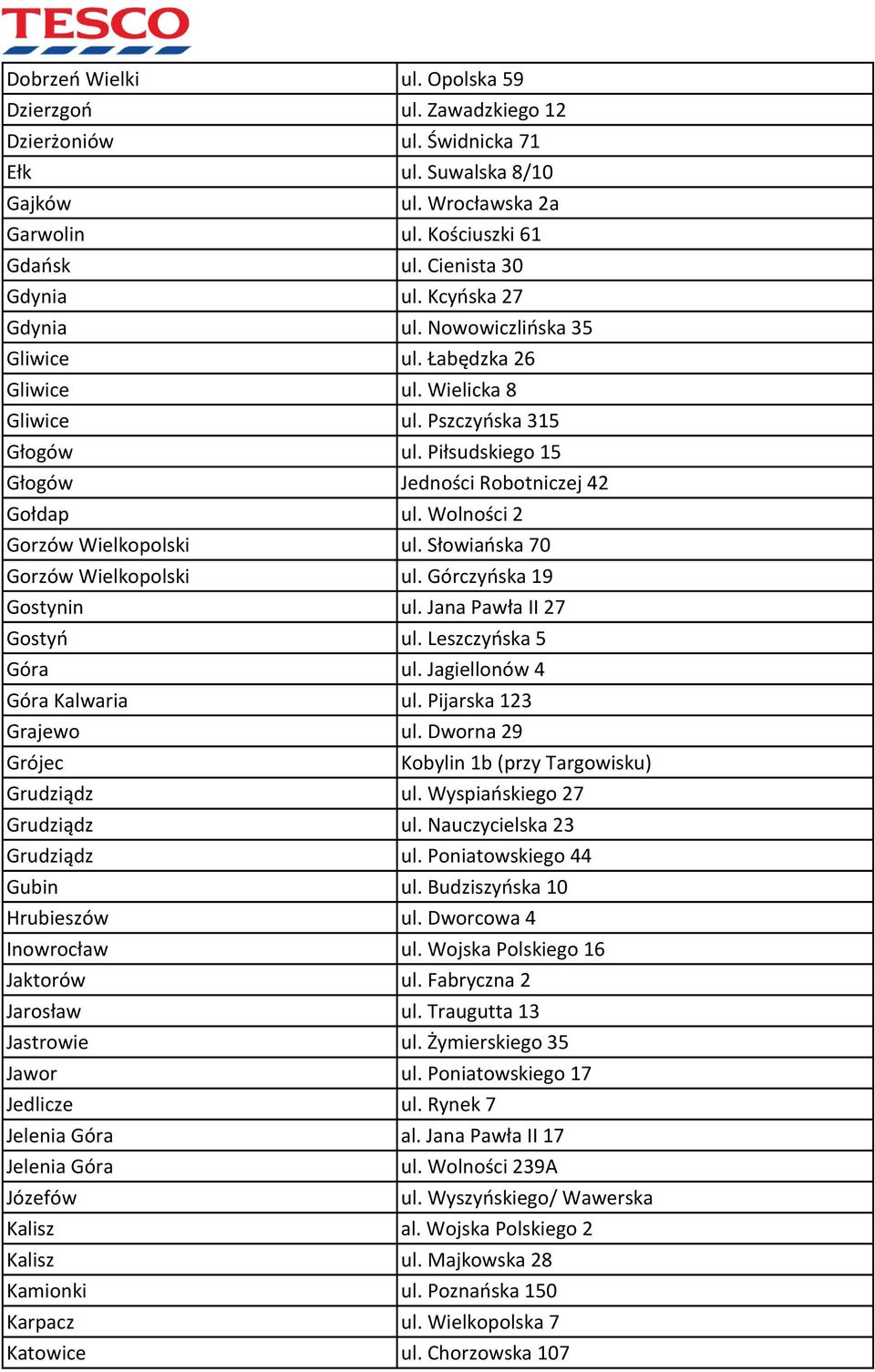 Wolności 2 Gorzów Wielkopolski ul. Słowiańska 70 Gorzów Wielkopolski ul. Górczyńska 19 Gostynin ul. Jana Pawła II 27 Gostyń ul. Leszczyńska 5 Góra ul. Jagiellonów 4 Góra Kalwaria ul.