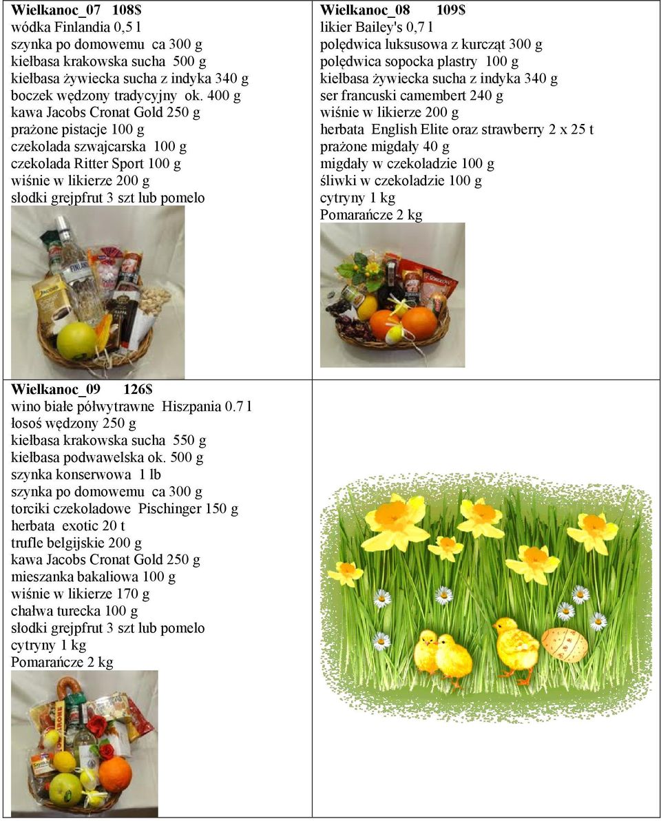 English Elite oraz strawberry 2 x 25 t prażone migdały 40 g Wielkanoc_09 126$ wino białe półwytrawne Hiszpania 0.7 l łosoś wędzony 250 g kiełbasa krakowska sucha 550 g kiełbasa podwawelska ok.