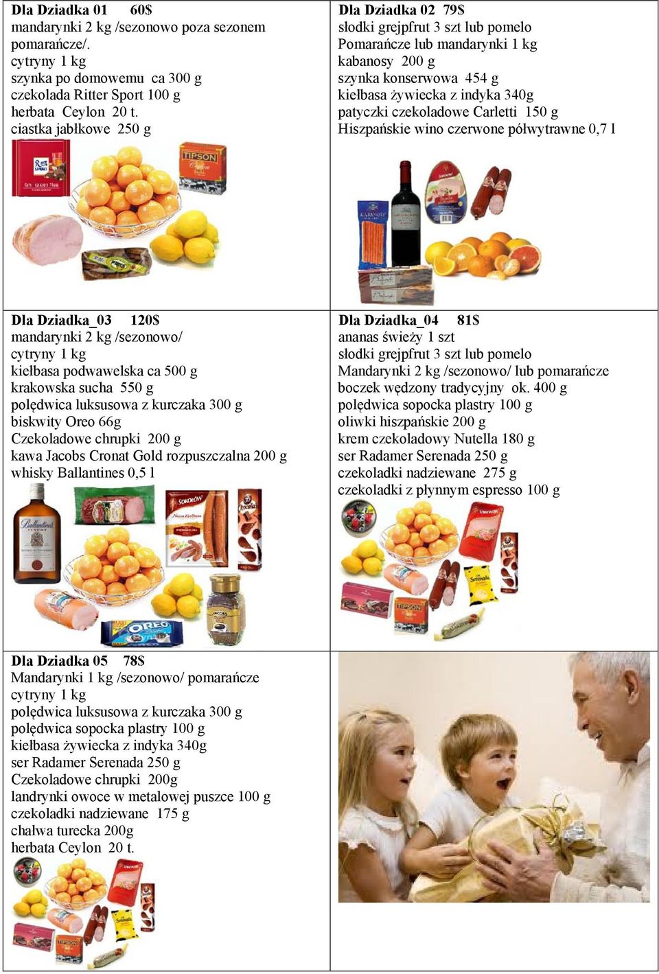 czerwone półwytrawne 0,7 l Dla Dziadka_03 120$ mandarynki 2 kg /sezonowo/ kiełbasa podwawelska ca 500 g krakowska sucha 550 g polędwica luksusowa z kurczaka 300 g biskwity Oreo 66g Czekoladowe