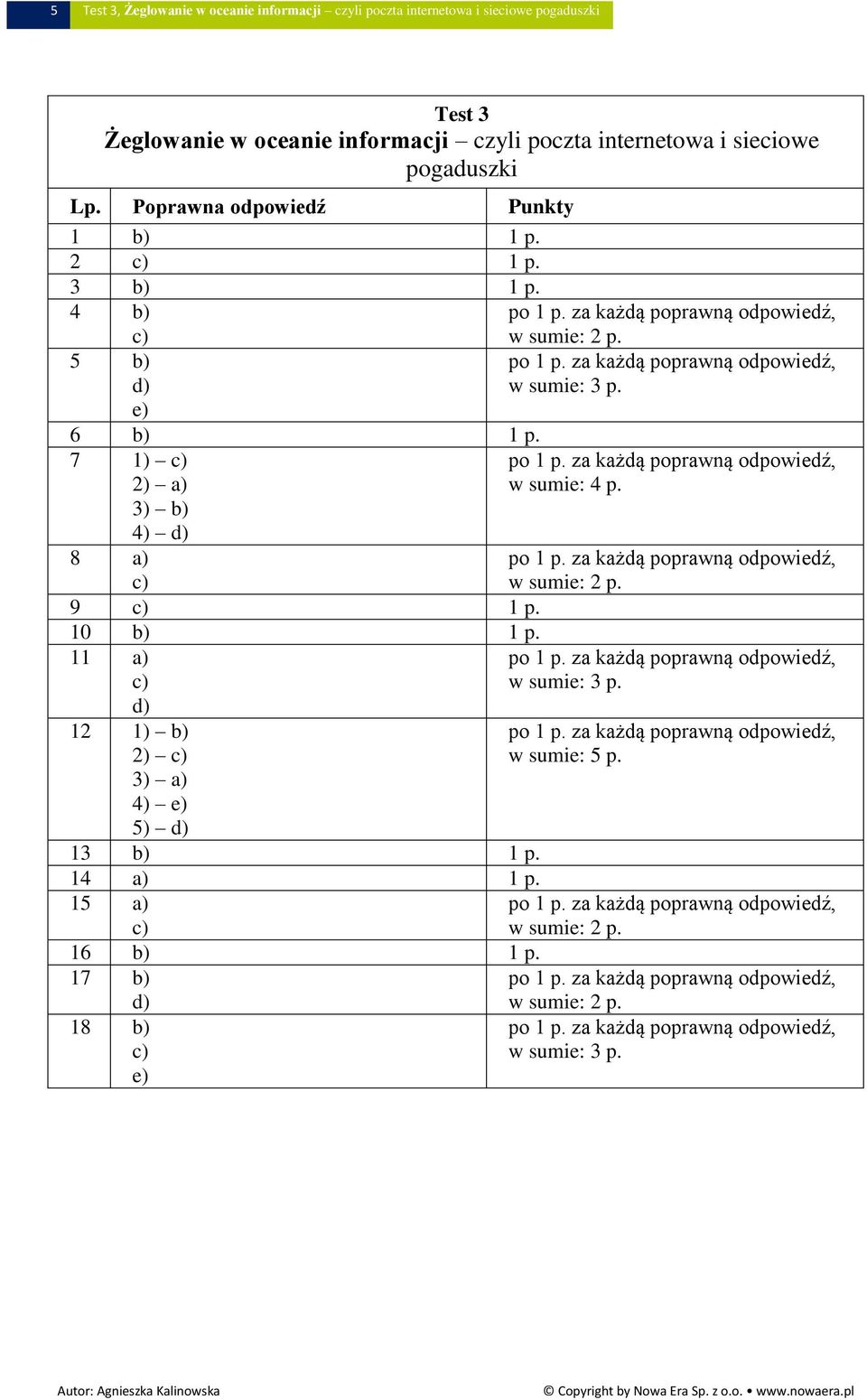 Poprawna odpowiedź Punkty 1 b) 1 p. 2 1 p. 3 b) 1 p. 4 b) 5 b) e) 6 b) 1 p.