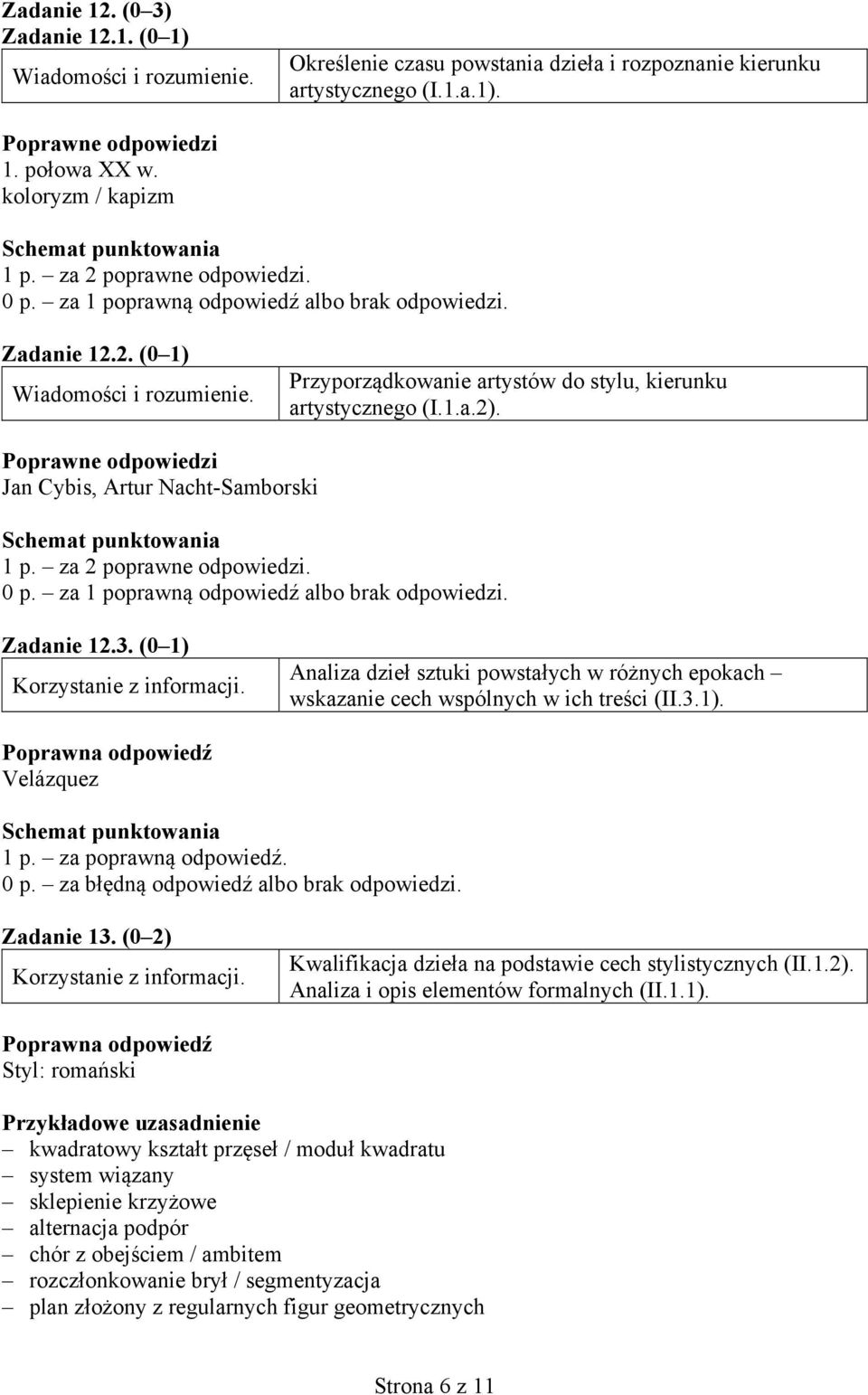 0 p. za 1 poprawną odpowiedź albo brak odpowiedzi. Zadanie 12.3. (0 1) Analiza dzieł sztuki powstałych w różnych epokach wskazanie cech wspólnych w ich treści (II.3.1). Poprawna odpowiedź Velázquez 1 p.