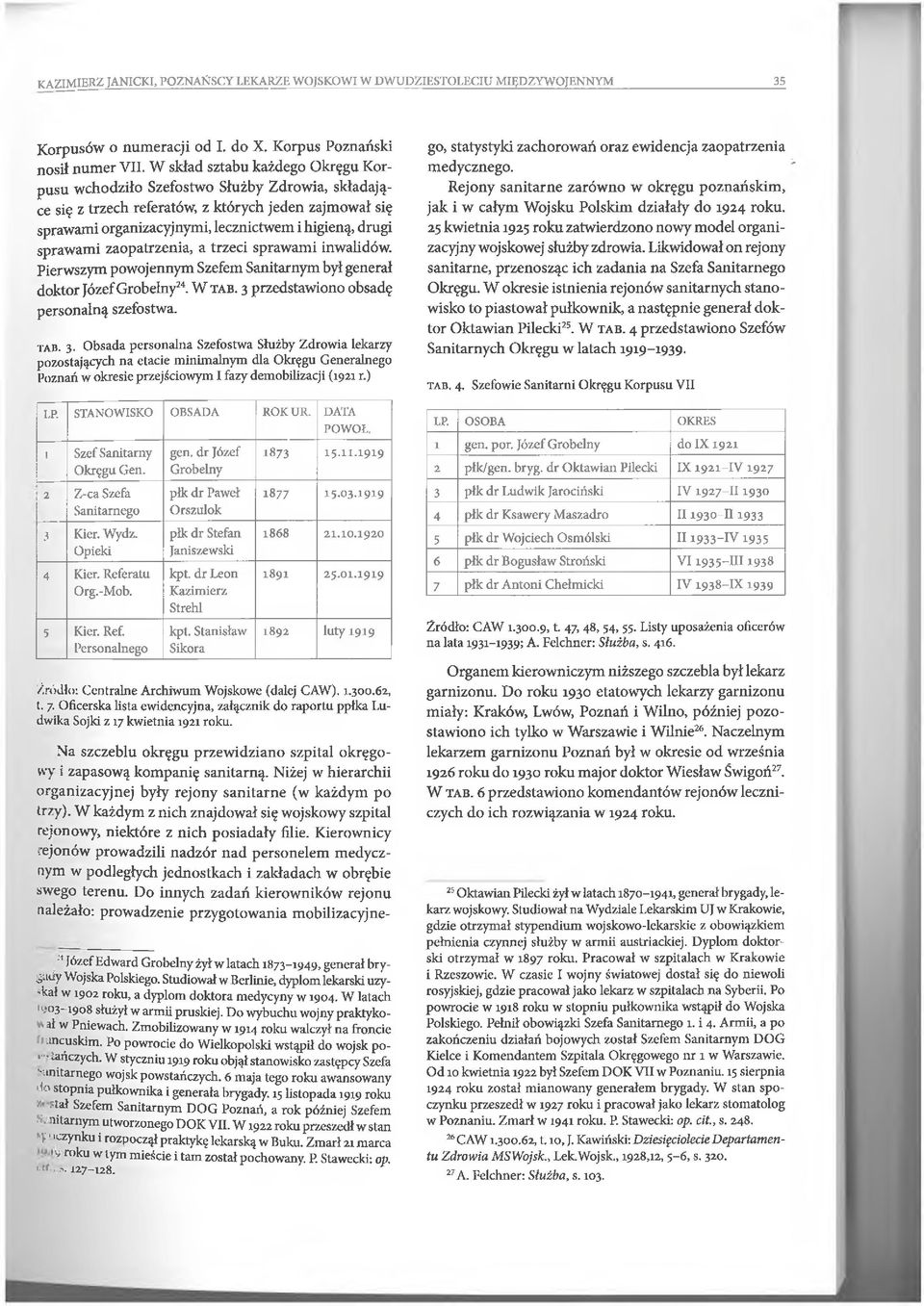 sprawami zaopatrzenia, a trzeci sprawami inwalidów. Pierwszym powojennym Szefem Sanitarnym był generał doktor Józef Grobelny24. W t a b. 3 