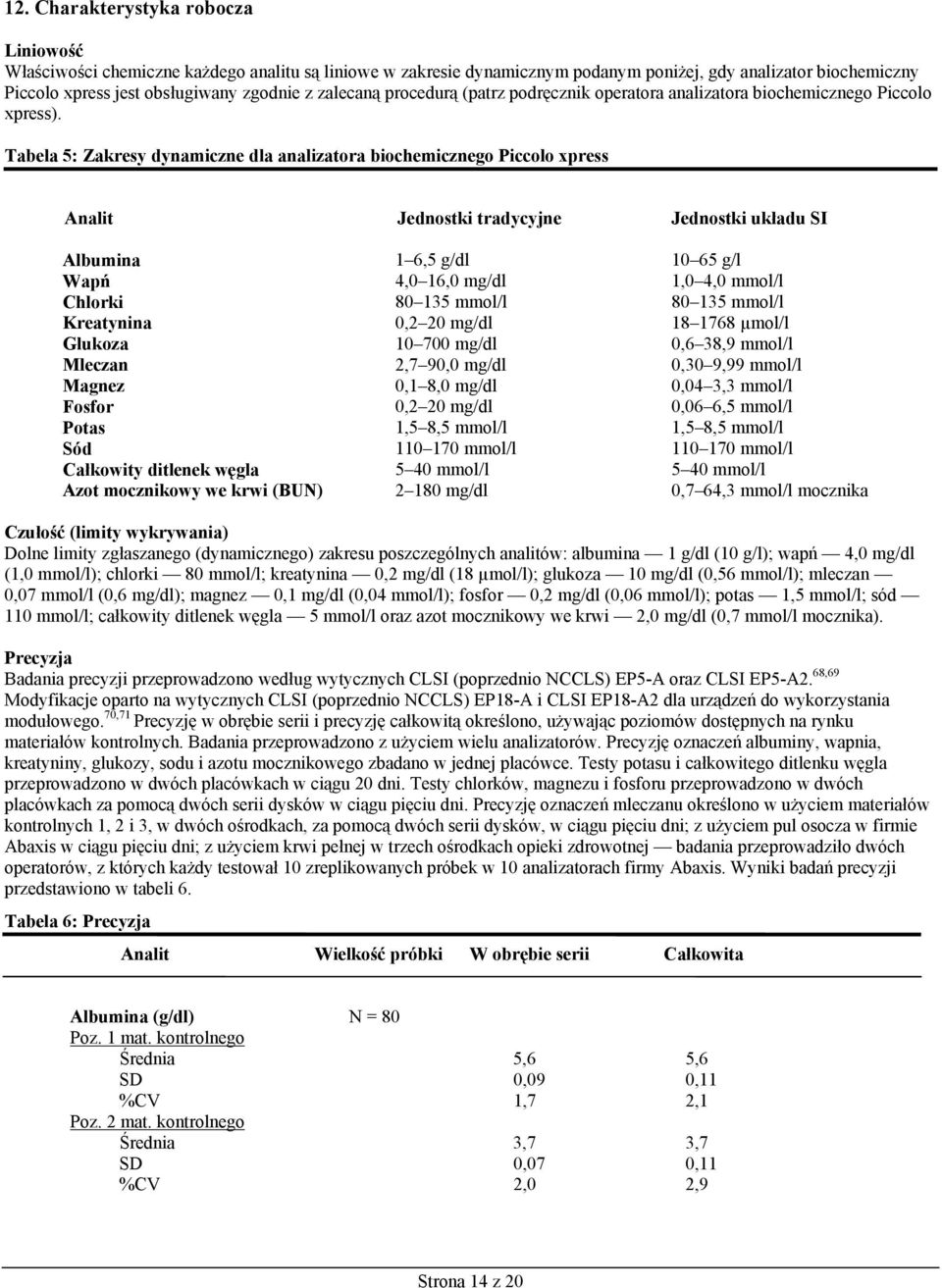 Tabela 5: Zakresy dynamiczne dla analizatora biochemicznego Piccolo xpress Analit Jednostki tradycyjne Jednostki układu SI Albumina 1 6,5 g/dl 10 65 g/l Wapń 4,0 16,0 mg/dl 1,0 4,0 mmol/l Chlorki 80