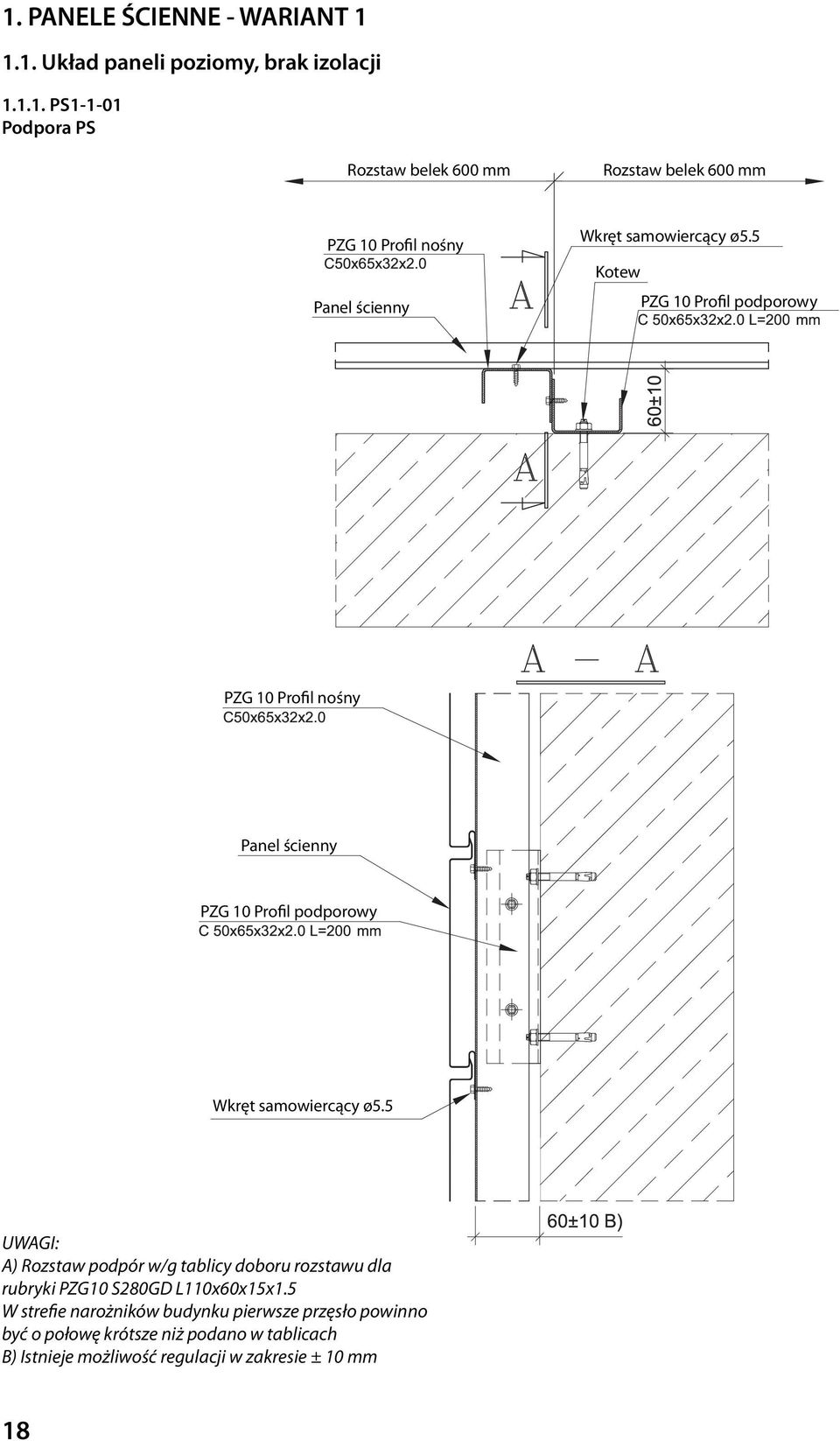 5 UWAGI: A) Rozstaw podpór w/g tablicy doboru rozstawu dla rubryki PZG10 S280GD L110x60x15x1.