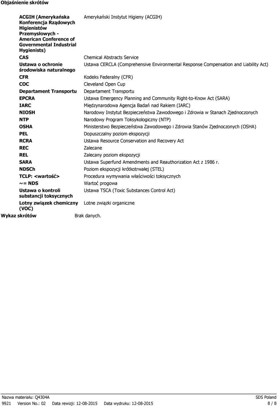 Instytut Higieny (ACGIH) Chemical Abstracts Service Ustawa CERCLA (Comprehensive Environmental Response Compensation and Liability Act) Kodeks Federalny (CFR) Cleveland Open Cup Departament