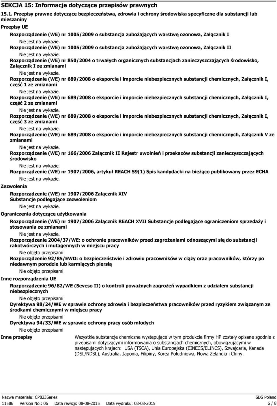 .1. Przepisy prawne dotyczące bezpieczeństwa, zdrowia i ochrony środowiska specyficzne dla substancji lub mieszaniny Przepisy UE Rozporządzenie (WE) nr 1005/2009 o substancja zubożających warstwę