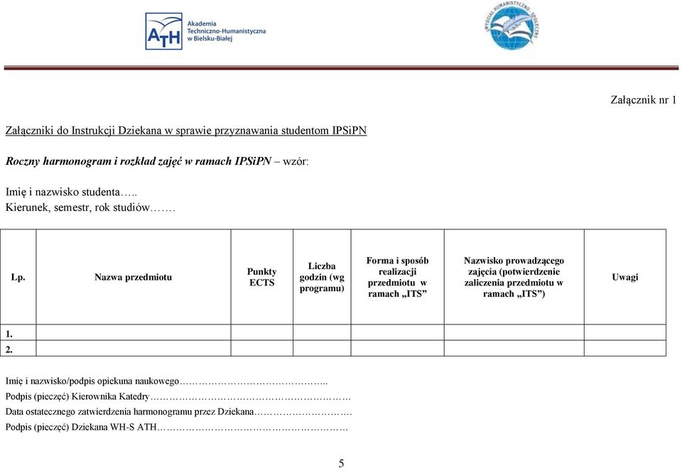 Nazwa przedmiotu Punkty ECTS Liczba godzin (wg programu) Forma i sposób realizacji przedmiotu w ramach ITS Nazwisko prowadzącego zajęcia