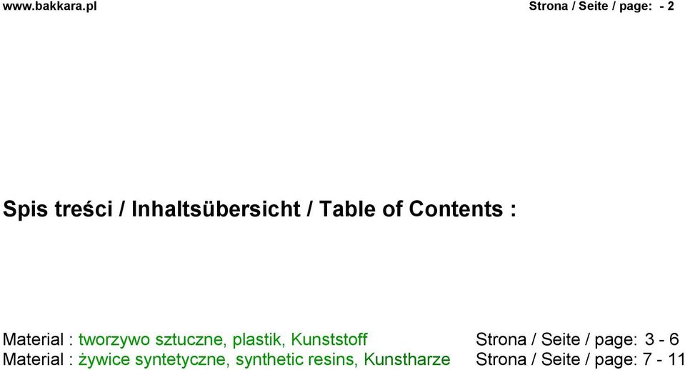 Table of Contents : Material : tworzywo sztuczne, plastik,