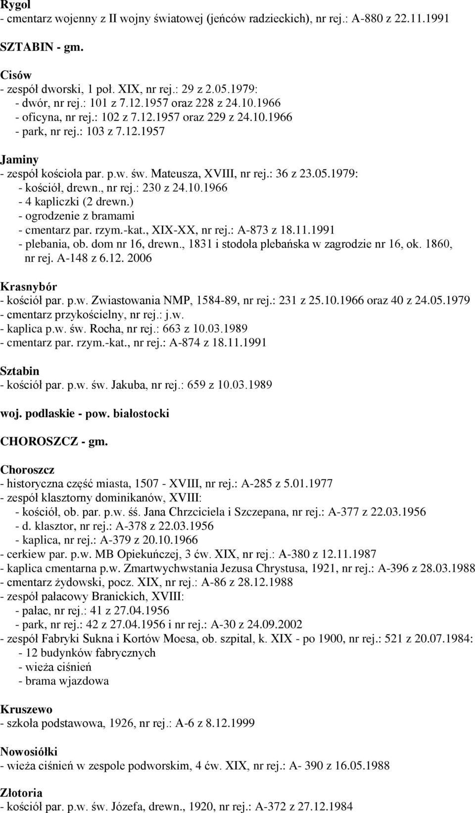 1979: - kościół, drewn., nr rej.: 230 z 24.10.1966-4 kapliczki (2 drewn.) - ogrodzenie z bramami - cmentarz par. rzym.-kat., XIX-XX, nr rej.: A-873 z 18.11.1991 - plebania, ob. dom nr 16, drewn.