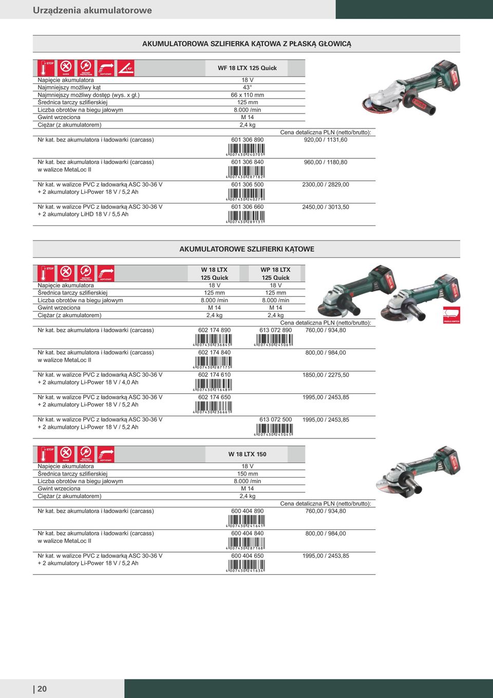 000 /min M 14 2,4 kg 601 306 890 920,00 / 1131,60 bez akumulatora i ładowarki (carcass) w walizce MetaLoc II w walizce PC z ładowarką ASC 30-36 + 2 akumulatory Li-Power 18 / 5,2 Ah w walizce PC z