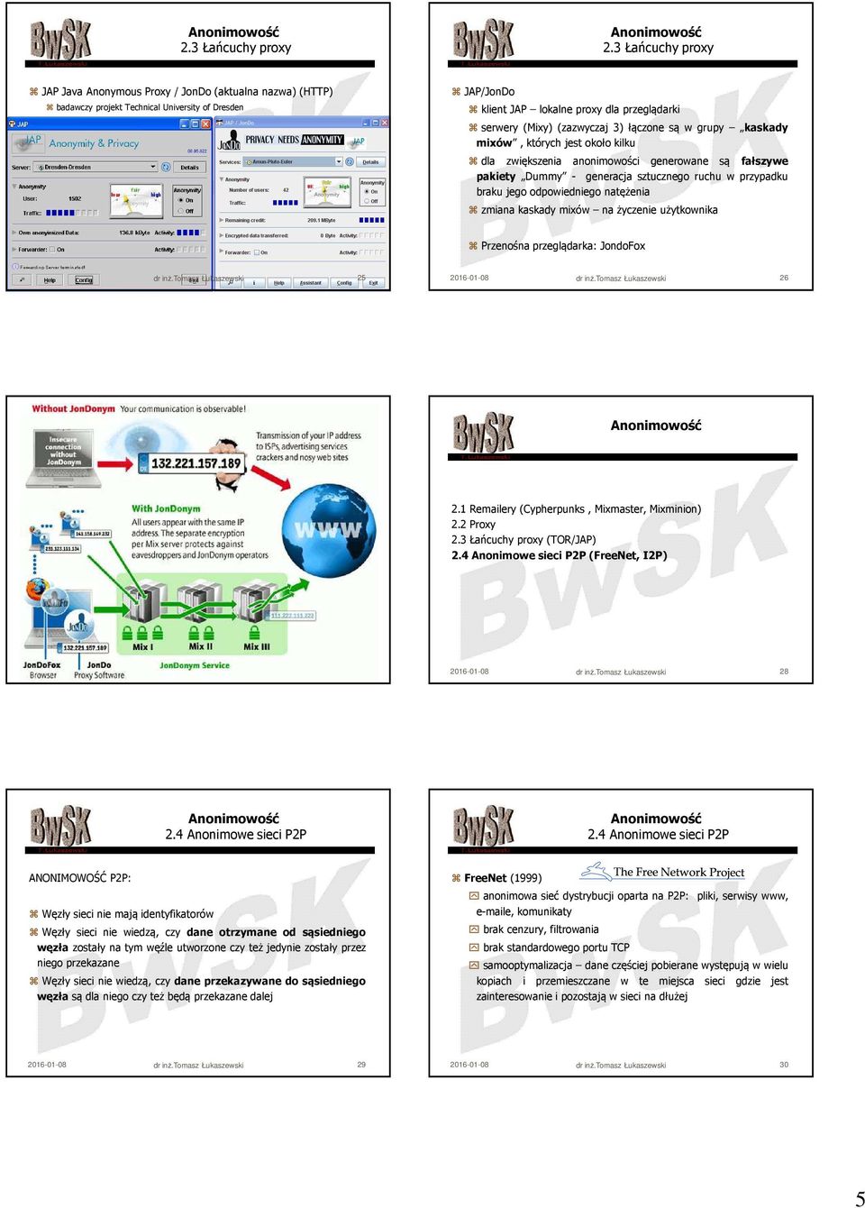 kaskady mixów na życzenie użytkownika Przenośna przeglądarka: JondoFox 25 26 Łańcuchy proxy (Cypherpunks, Mixmaster, Mixminion) (TOR/JAP) (FreeNet, I2P) 27 28 ANONIMOWOŚĆ P2P: Węzły sieci nie mają