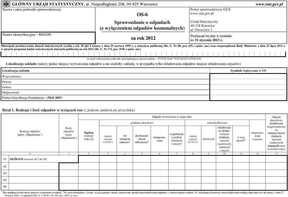 pl Urząd Statystyczny 40-158 Katowice ul. Owocowa 3 Przekazać/wysłać w terminie do 31 stycznia 2013 r. Obowiązek przekazywania danych statystycznych wynika z art.