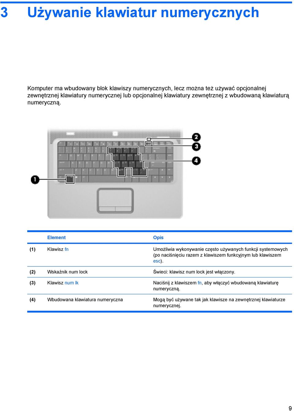 Element Opis (1) Klawisz fn Umożliwia wykonywanie często używanych funkcji systemowych (po naciśnięciu razem z klawiszem funkcyjnym lub klawiszem esc).