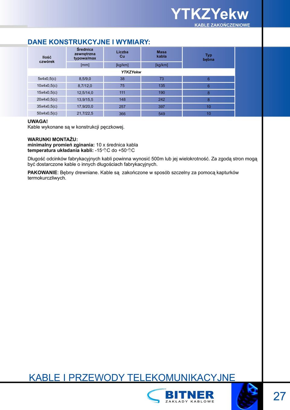 YTKZYekw Masa kabla 73 135 190 242 397 549 Typ bębna 6 6 8 8 10 10 WARUNKI MONTAŻU: minimalny promień zginania: 10 x średnica kabla temperatura układania kabli: 15 C do +50 C Długość