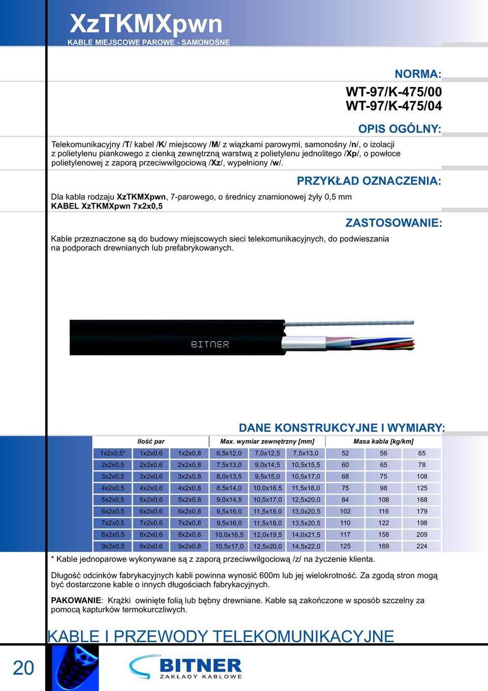 Dla kabla rodzaju XzTKMXpwn, 7parowego, o średnicy znamionowej żyły 0,5 mm KABEL XzTKMXpwn 7x2x0,5 PRZYKŁAD OZNACZENIA: Kable przeznaczone są do budowy miejscowych sieci telekomunikacyjnych, do