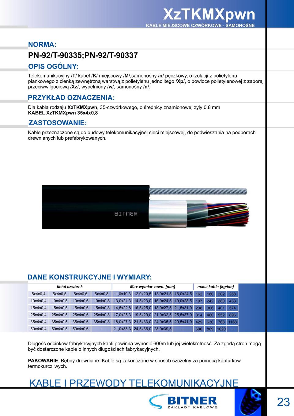 PRZYKŁAD OZNACZENIA: Dla kabla rodzaju XzTKMXpwn, 35czwórkowego, o średnicy znamionowej żyły 0,8 mm KABEL XzTKMXpwn 35x4x0,8 Kable przeznaczone są do budowy telekomunikacyjnej sieci miejscowej, do