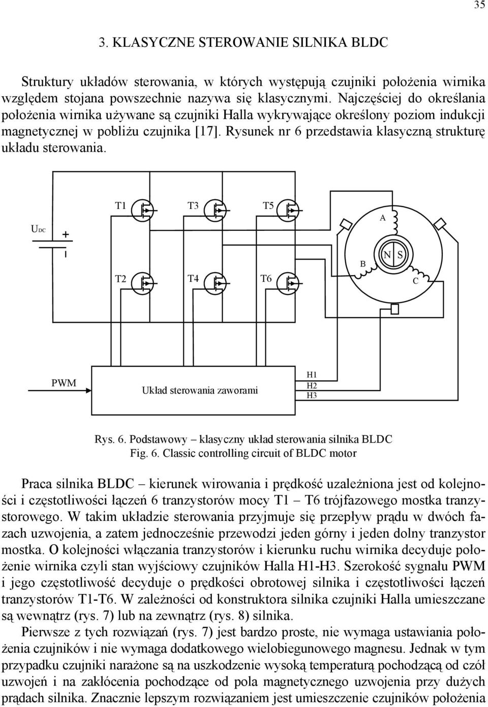 Rysunek nr 6 przedstawia klasyczną strukturę układu sterowania. T1 T3 T5 A UDC T2 T4 T6 B N S C PWM Układ sterowania zaworami H1 H2 H3 Rys. 6. Podstawowy klasyczny układ sterowania silnika BLDC Fig.