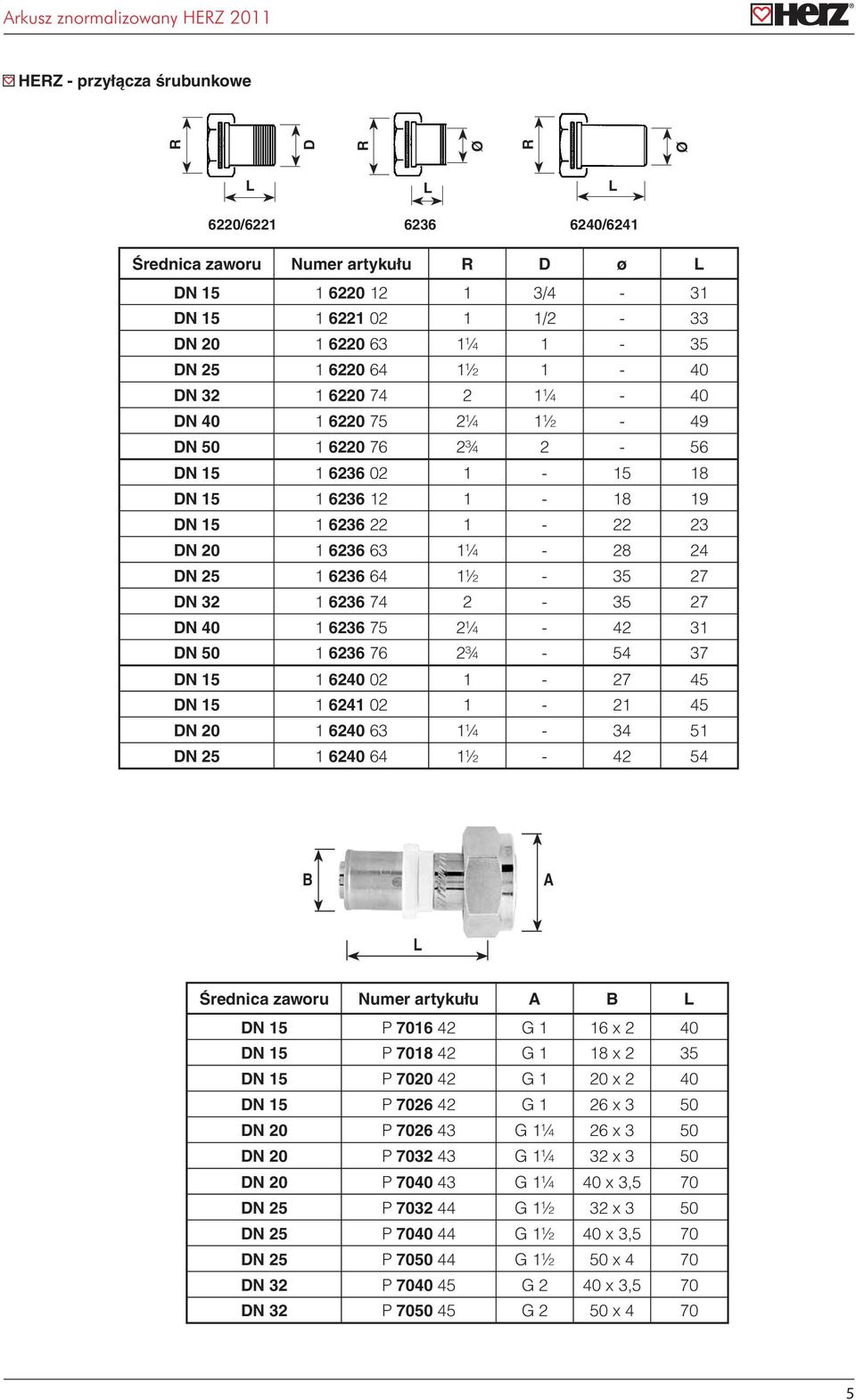 32 1 6236 74 2-35 27 DN 40 1 6236 75 2¼ - 42 31 DN 50 1 6236 76 2¾ - 54 37 DN 15 1 6240 02 1-27 45 DN 15 1 6241 02 1-21 45 DN 20 1 6240 63 1¼ - 34 51 DN 25 1 6240 64 1½ - 42 54 B A Średnica zaworu