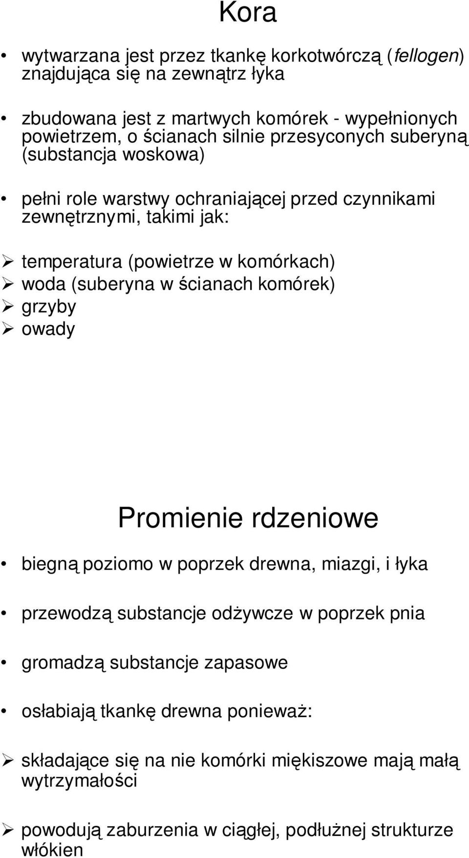 (suberyna w ścianach komórek) grzyby owady Promienie rdzeniowe biegną poziomo w poprzek drewna, miazgi, i łyka przewodzą substancje odŝywcze w poprzek pnia gromadzą