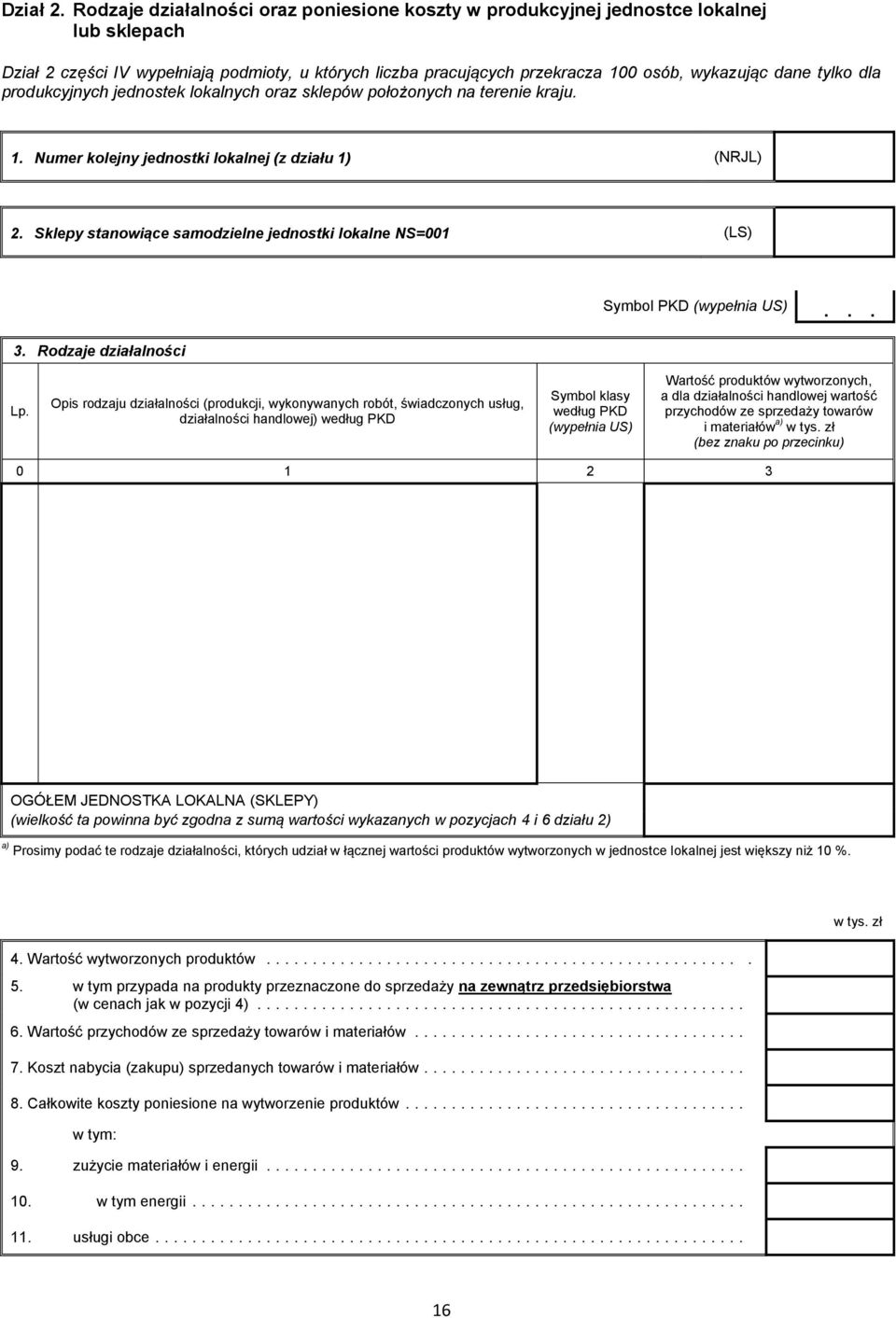 tylko dla produkcyjnych jednostek lokalnych oraz sklepów położonych na terenie kraju. 1. Numer kolejny jednostki lokalnej (z działu 1) (NRJL) 2.