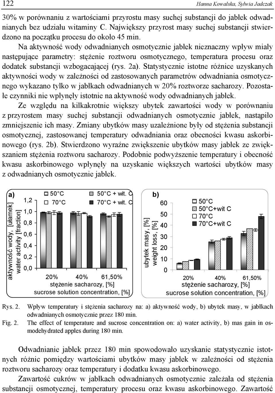 Na aktywność wody odwadnianych osmotycznie jabłek nieznaczny wpływ miały następujące parametry: stężenie roztworu osmotycznego, temperatura procesu oraz dodatek substancji wzbogacającej (rys. 2a).