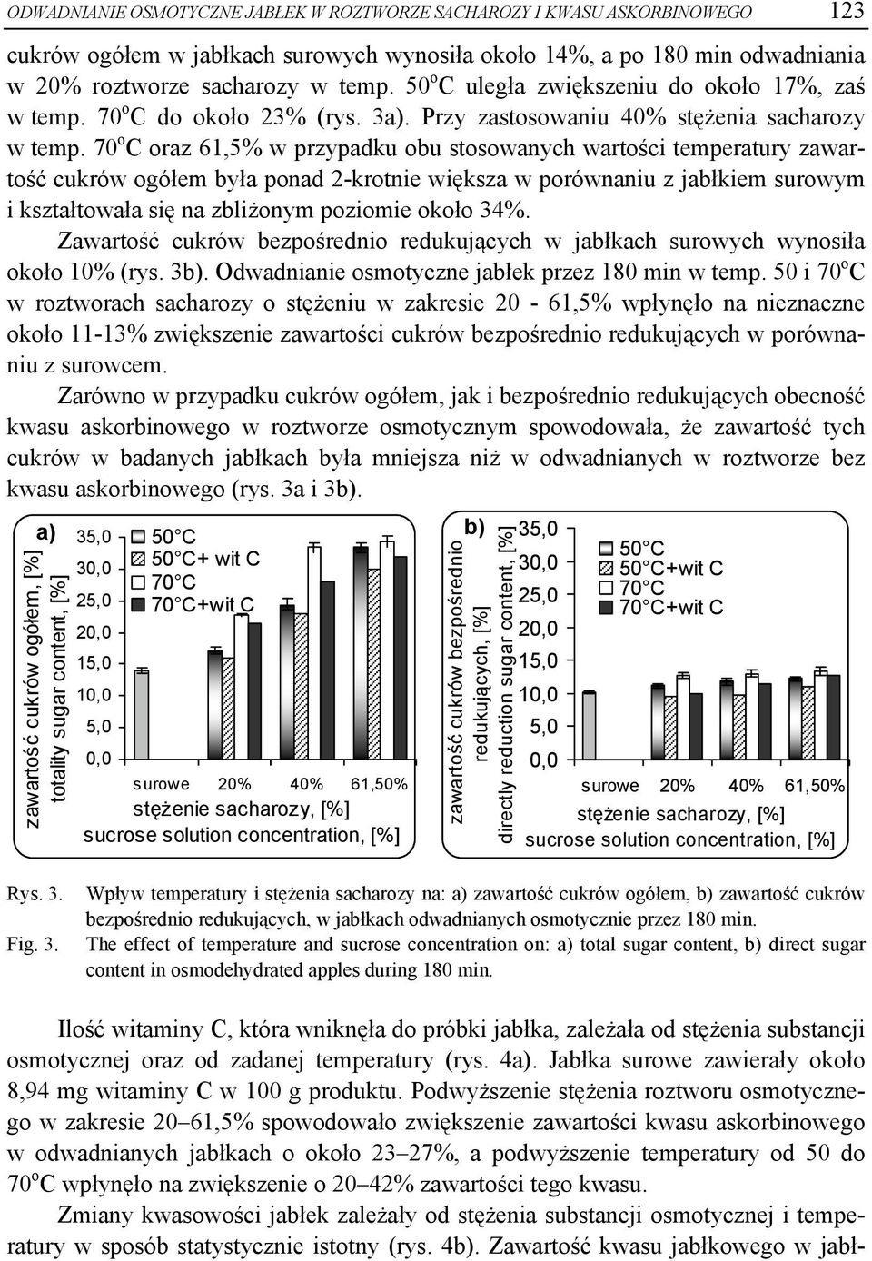 7 o C oraz 61,5% w przypadku obu stosowanych wartości temperatury zawartość cukrów ogółem była ponad 2-krotnie większa w porównaniu z jabłkiem surowym i kształtowała się na zbliżonym poziomie około