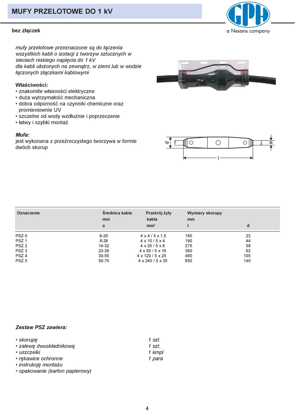 i poprzeczenie ³atwy i szybki monta Mufa: jest wykonana z przeÿroczystego tworzywa w formie dwóch skorup Oznaczenie Œrednica kabla Przekrój y³y Wymiary skorupy mm kabla mm a mm 2 l d PSZ 0 6-20 4 x 4