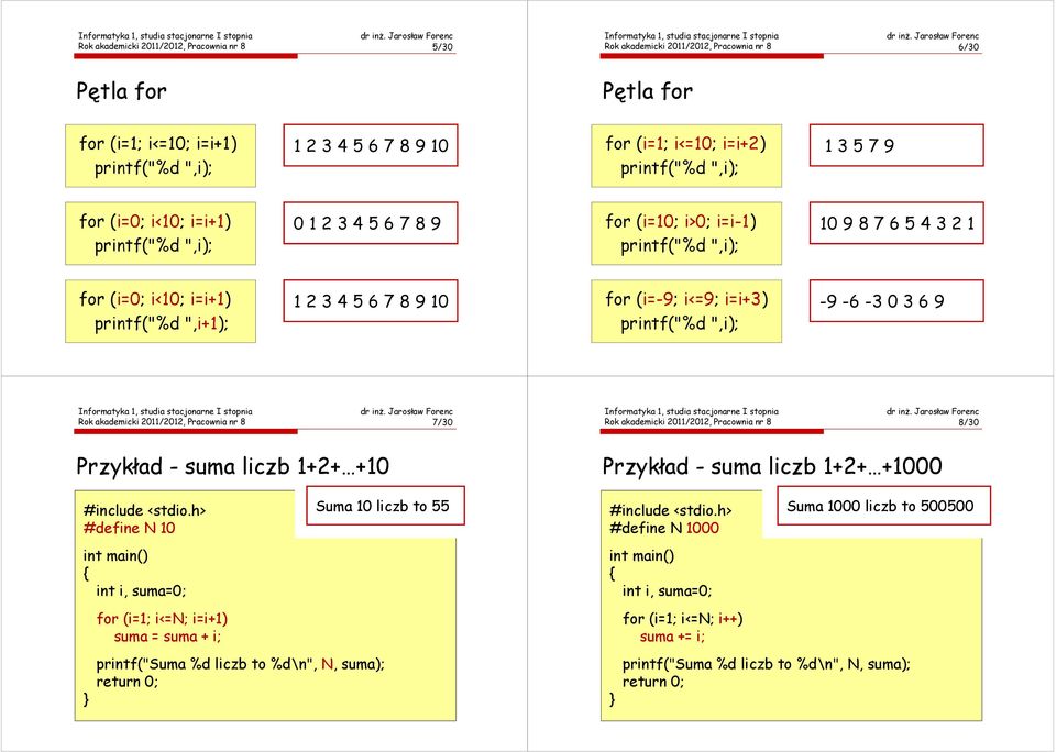 akademicki 2011/2012, Pracownia nr 8 7/30 Rok akademicki 2011/2012, Pracownia nr 8 8/30 Przykład - suma liczb 1+2+ +10 #define N 10 int i, suma=0; for (i=1; i<=n; i=i+1) suma = suma + i; Suma 10