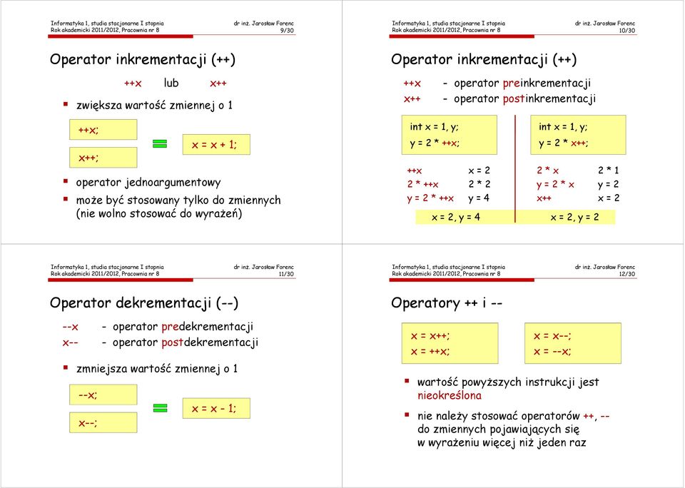 y; y = 2 * ++x; ++x x = 2 y = 2 * x++; 2 * x 2 * 1 2 * ++x 2 * 2 y = 2 * x y = 2 y = 2 * ++x y = 4 x++ x = 2 x = 2, y = 4 x = 2, y = 2 Rok akademicki 2011/2012, Pracownia nr 8 11/30 Rok akademicki