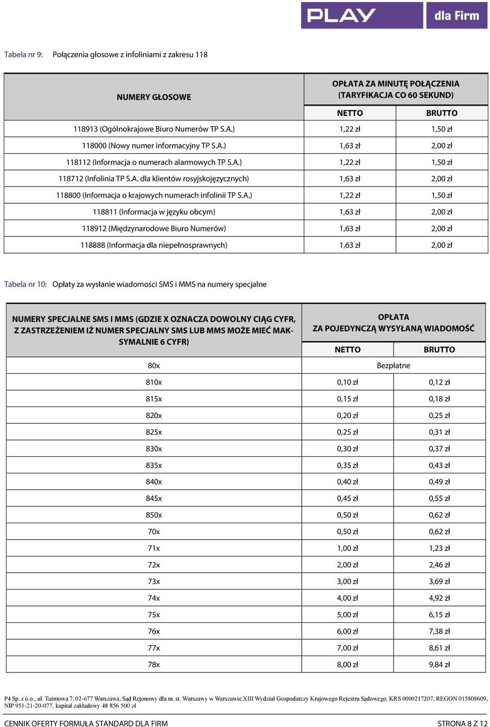 A.) 1,22 zł 1,50 zł 118811 (Informacja w języku obcym) 2,00 zł 118912 (Międzynarodowe Biuro Numerów) 2,00 zł 118888 (Informacja dla niepełnosprawnych) 2,00 zł Tabela nr 10: Opłaty za wysłanie