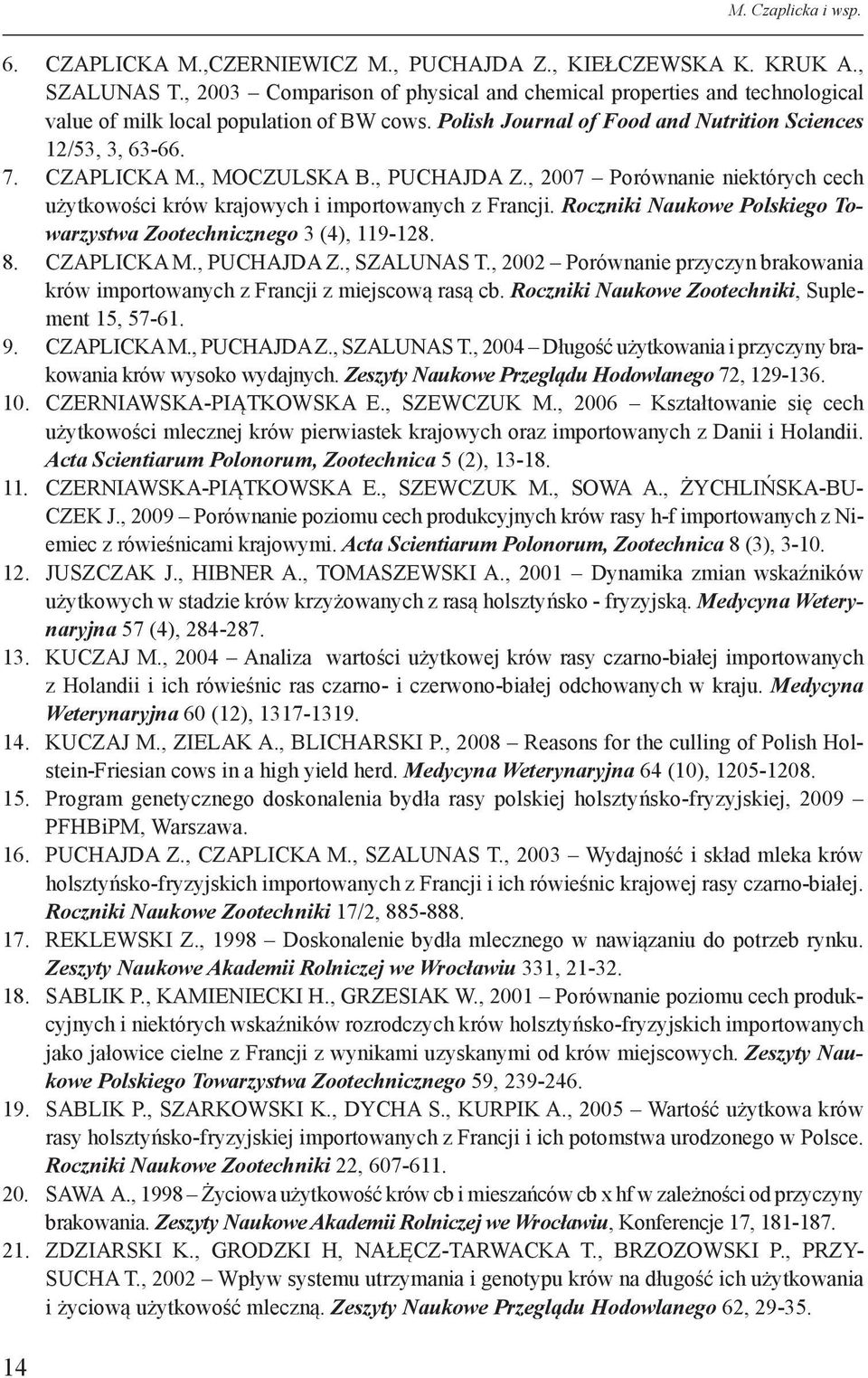 , MOCZULSKA B., PUCHAJDA Z., 2007 Porównanie niektórych cech użytkowości krów krajowych i importowanych z Francji. Roczniki Naukowe Polskiego Towarzystwa Zootechnicznego 3 (4), 119-128. 8.