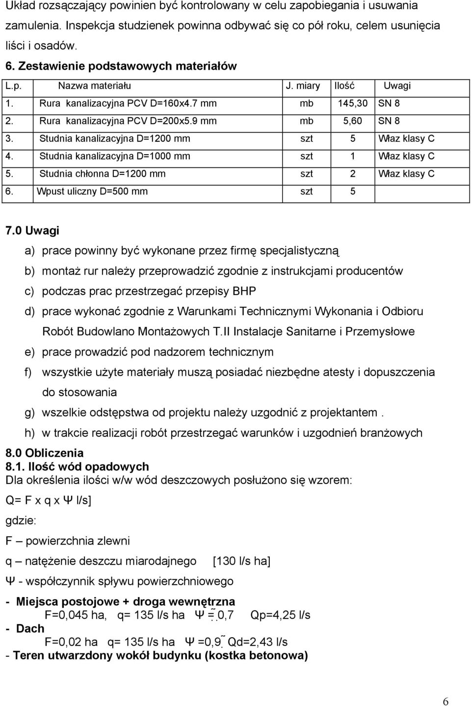 Studnia kanalizacyjna D=1200 mm szt 5 Właz klasy C 4. Studnia kanalizacyjna D=1000 mm szt 1 Właz klasy C 5. Studnia chłonna D=1200 mm szt 2 Właz klasy C 6. Wpust uliczny D=500 mm szt 5 7.