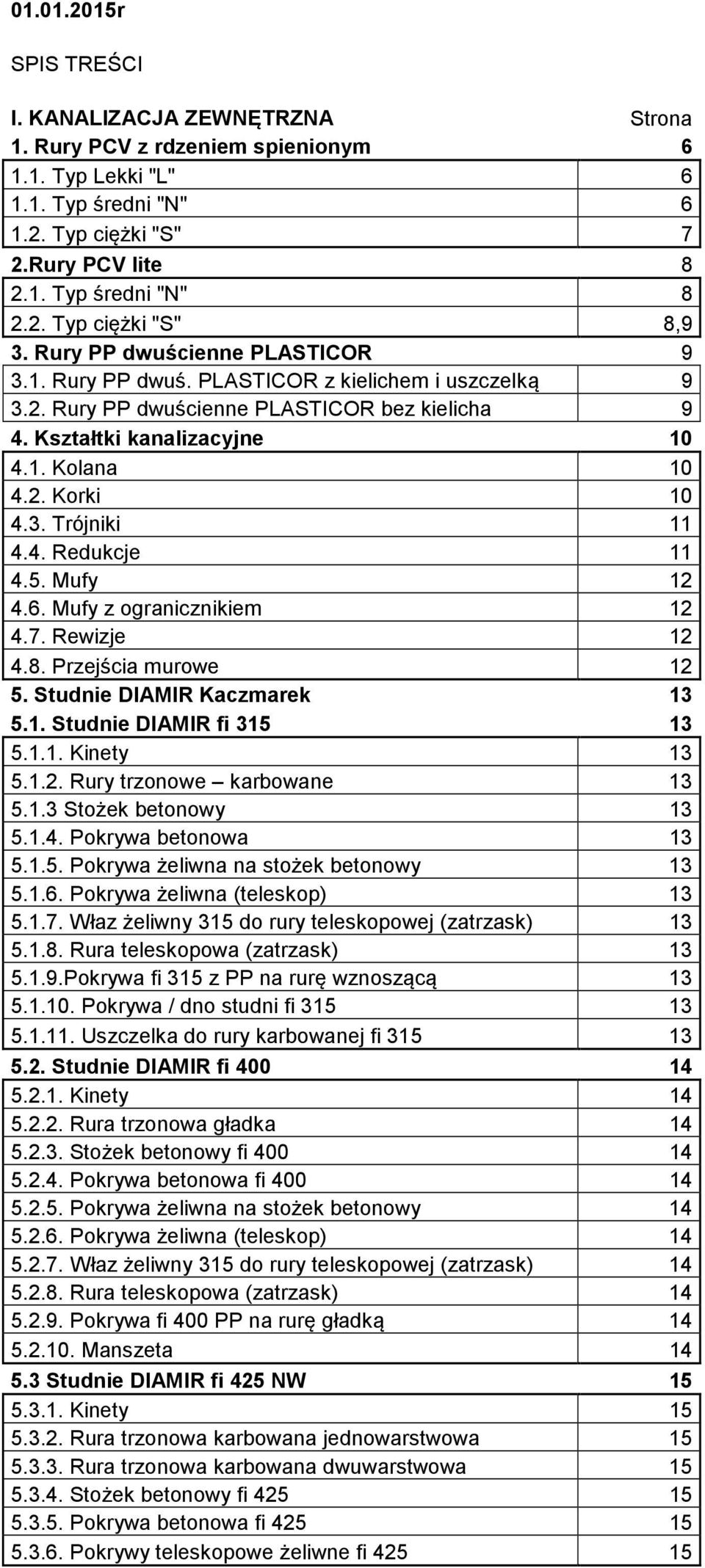 2. Korki 10 4.3. Trójniki 11 4.4. Redukcje 11 4.5. Mufy 12 4.6. Mufy z ogranicznikiem 12 4.7. Rewizje 12 4.8. Przejścia murowe 12 5. Studnie DIAMIR Kaczmarek 13 5.1. Studnie DIAMIR fi 315 13 5.1.1. Kinety 13 5.