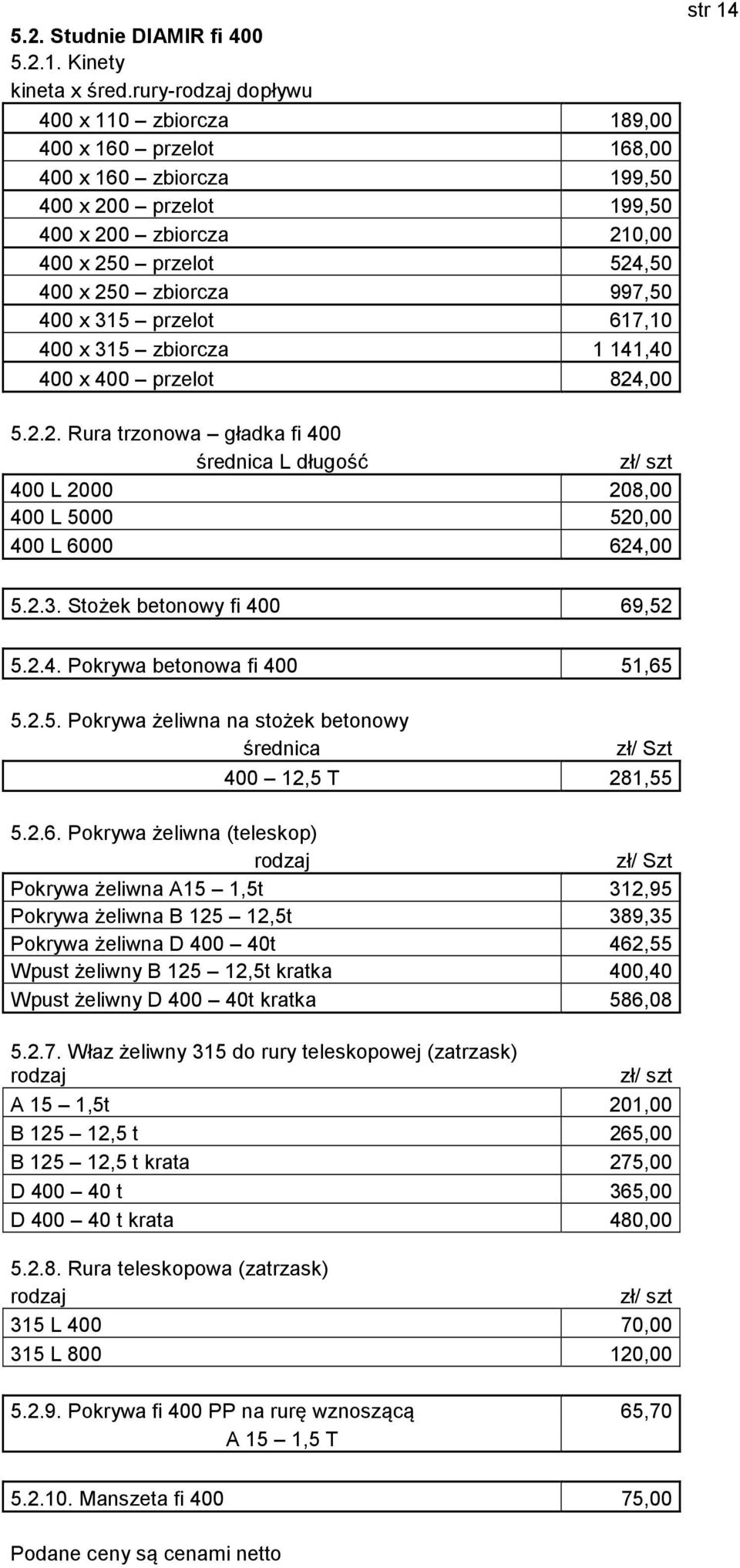 400 x 315 przelot 617,10 400 x 315 zbiorcza 1 141,40 400 x 400 przelot 824,00 5.2.2. Rura trzonowa gładka fi 400 L długość 400 L 2000 208,00 400 L 5000 520,00 400 L 6000 624,00 str 14 5.2.3. Stożek betonowy fi 400 69,52 5.