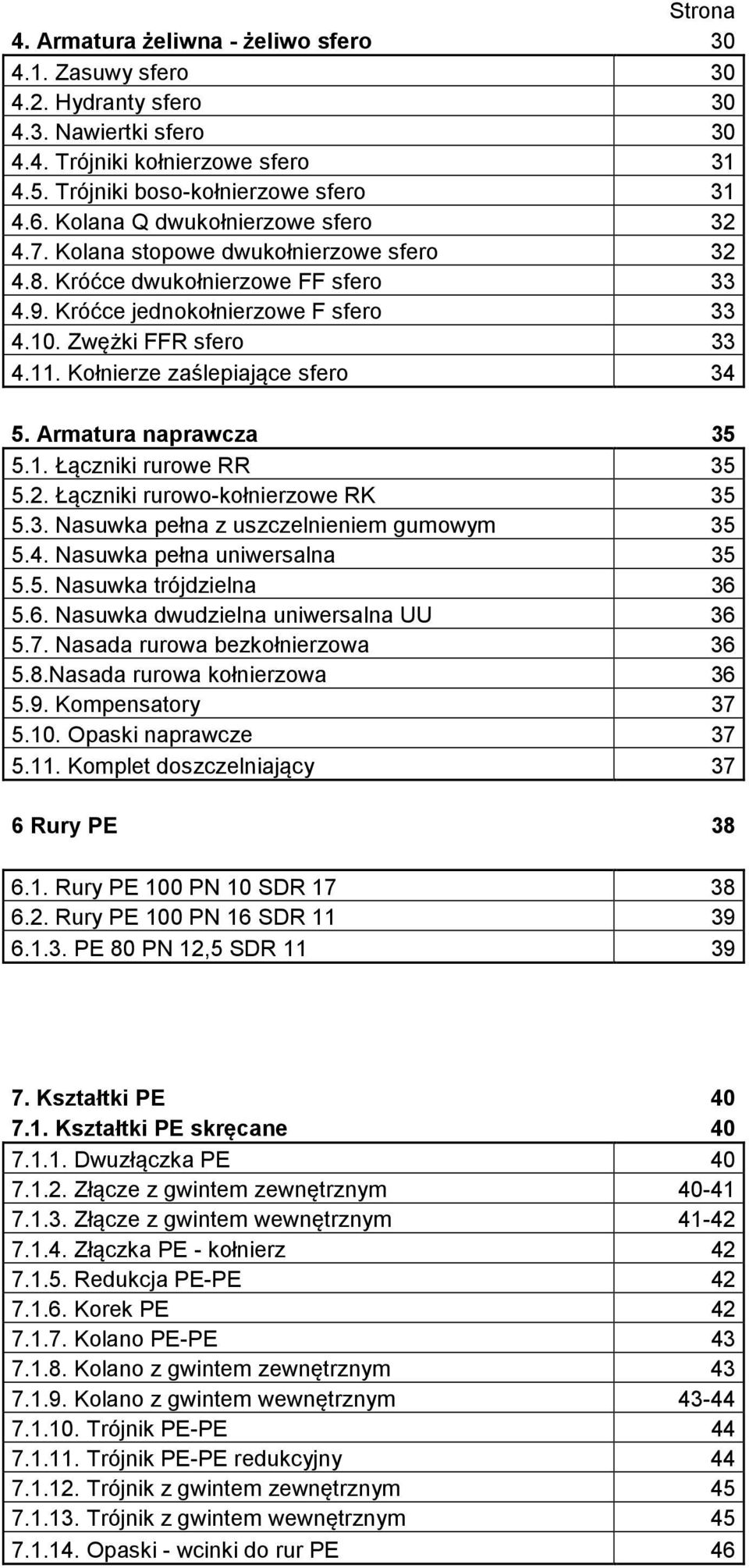 Kołnierze zaślepiające sfero 34 5. Armatura naprawcza 35 5.1. Łączniki rurowe RR 35 5.2. Łączniki rurowo-kołnierzowe RK 35 5.3. Nasuwka pełna z uszczelnieniem gumowym 35 5.4. Nasuwka pełna uniwersalna 35 5.