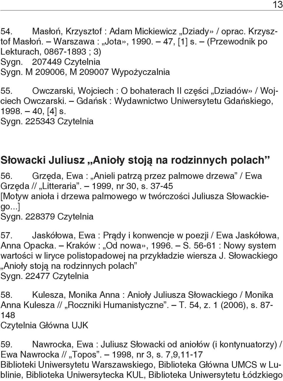 225343 Czytelnia Słowacki Juliusz Anioły stoją na rodzinnych polach 56. Grzęda, Ewa : Anieli patrzą przez palmowe drzewa / Ewa Grzęda // Litteraria. 1999, nr 30, s.