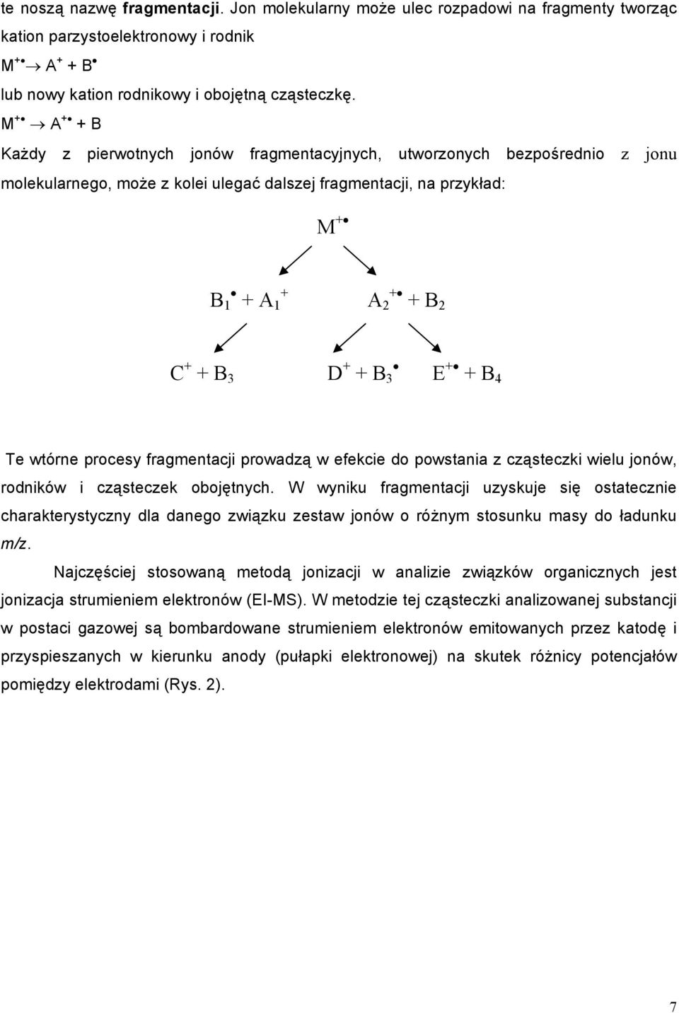 + B 3 E + + B 4 Te wtórne procesy fragmentacji prowadzą w efekcie do powstania z cząsteczki wielu jonów, rodników i cząsteczek obojętnych.