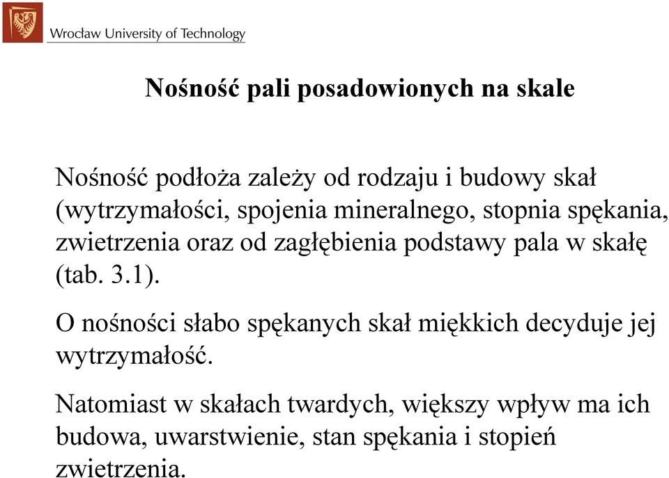 podstawy pala w skałę (tab. 3.1).