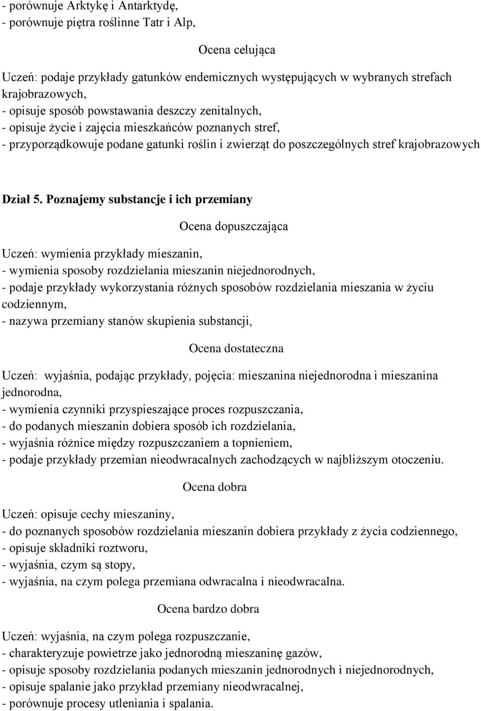 Poznajemy substancje i ich przemiany Uczeń: wymienia przykłady mieszanin, - wymienia sposoby rozdzielania mieszanin niejednorodnych, - podaje przykłady wykorzystania różnych sposobów rozdzielania