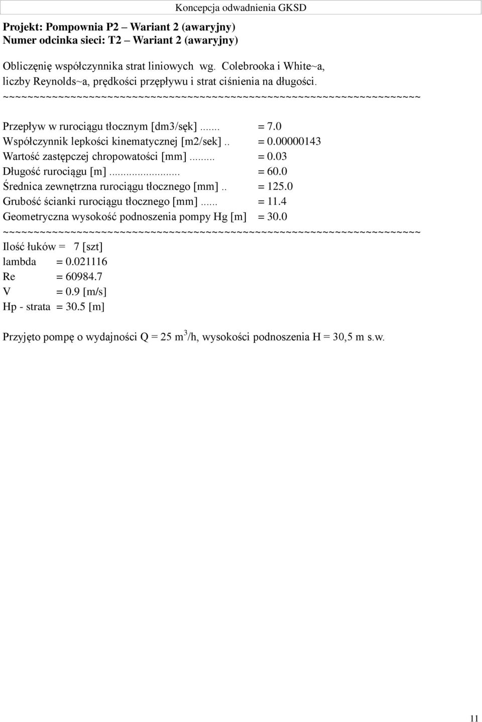 00000143 Wartość zastępczej chropowatości [mm]... = 0.03 Długość rurociągu [m]... = 60.0 Średnica zewnętrzna rurociągu tłocznego [mm].. = 125.0 Grubość ścianki rurociągu tłocznego [mm]... = 11.