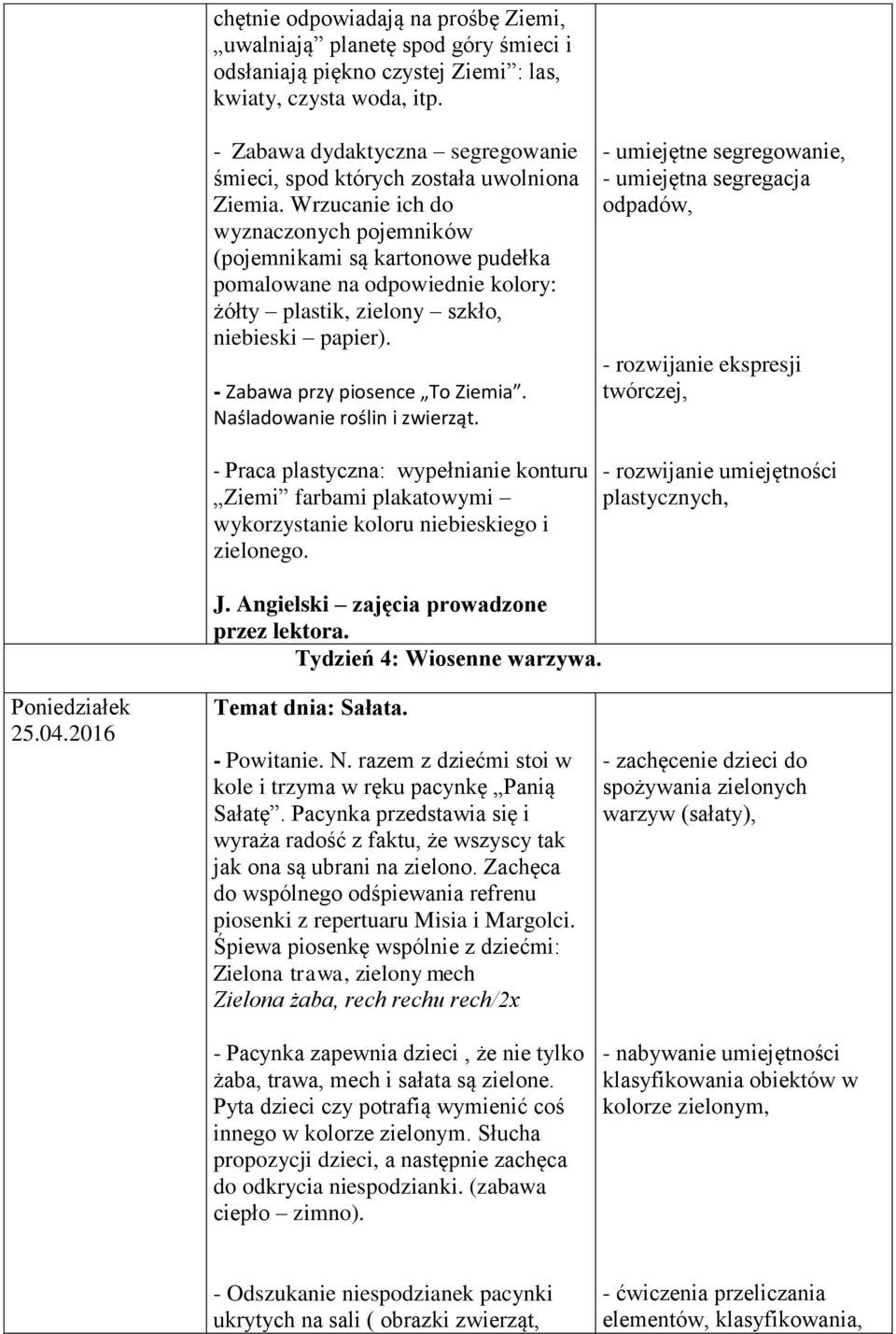 Wrzucanie ich do wyznaczonych pojemników (pojemnikami są kartonowe pudełka pomalowane na odpowiednie kolory: żółty plastik, zielony szkło, niebieski papier). - Zabawa przy piosence To Ziemia.