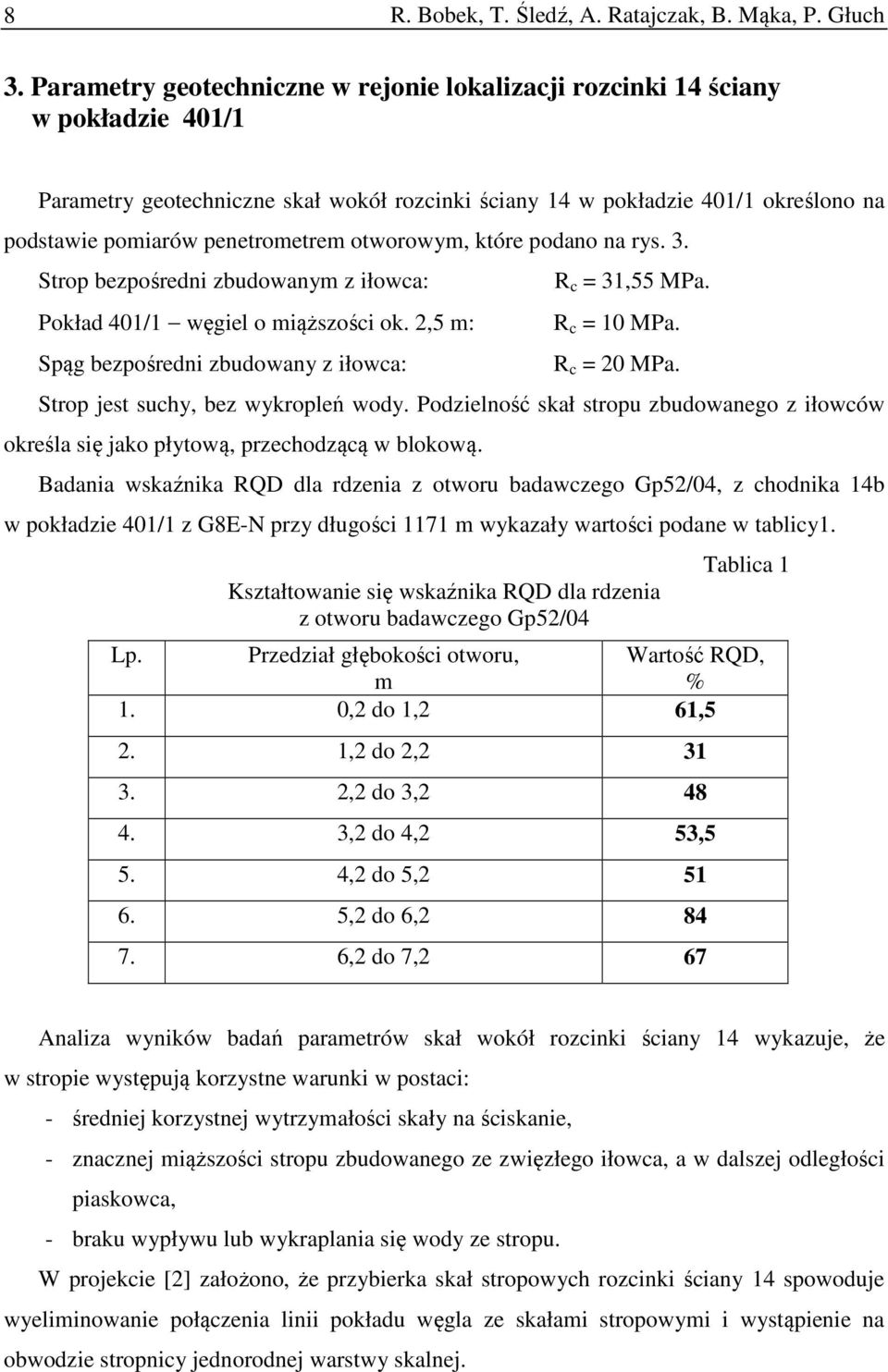 penetrometrem otworowym, które podano na rys. 3. Strop bezpośredni zbudowanym z iłowca: Pokład 401/1 węgiel o miąższości ok. 2,5 m: Spąg bezpośredni zbudowany z iłowca: R c = 31,55 MPa. R c = 10 MPa.