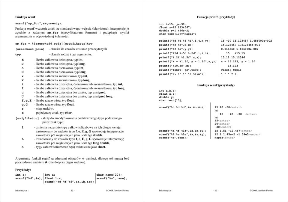 sp_for = %[szerokość_pola][modyfikator]typ [szerokość_pola] - określa ile znaków zostanie przeczytanych typ - określa rodzaj i typ argumentu: d - liczba całkowita dziesiętna, typ int, D - liczba