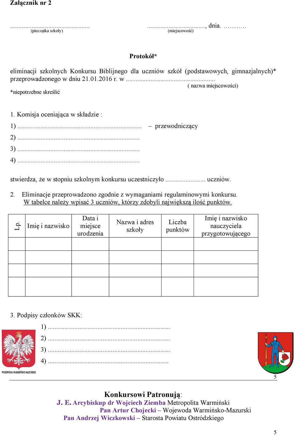 2016 r. w... ( nazwa miejscowości) *niepotrzebne skreślić 1. Komisja oceniająca w składzie : 1)... przewodniczący 4).